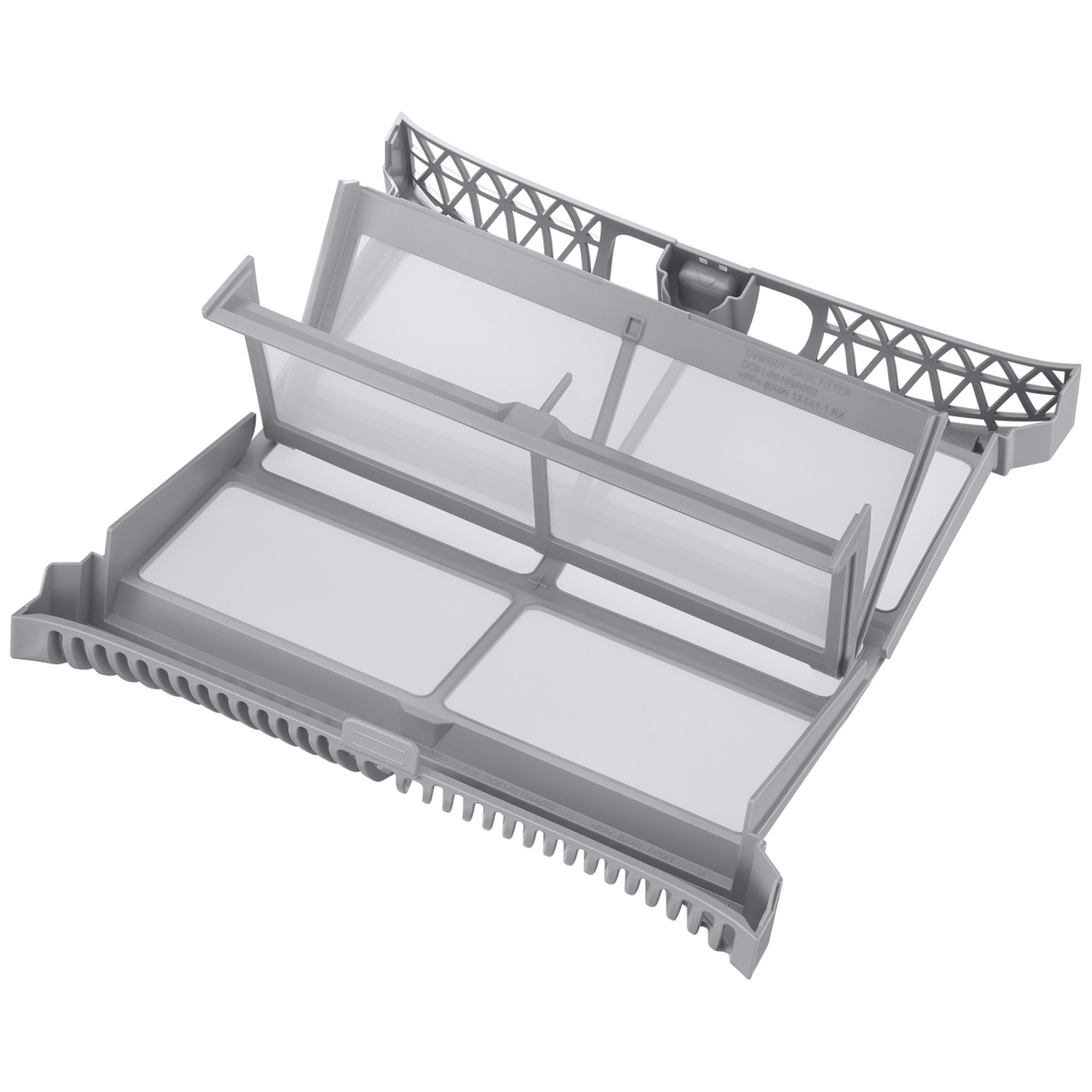 A gray plastic dryer lint filter with multiple mesh panels, open and viewed from above against a white background.