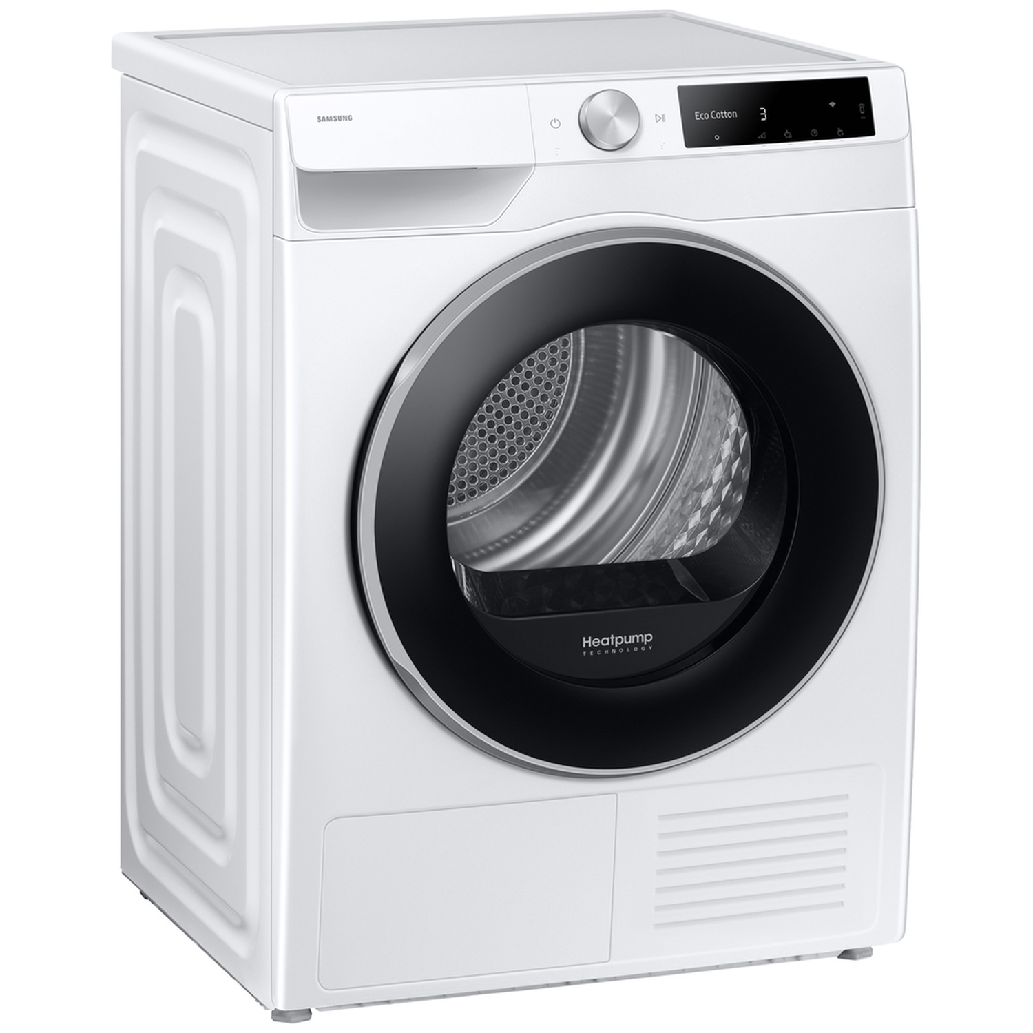 Een witte Samsung warmtepompdroger met zwarte deur en digitaal display op witte achtergrond.