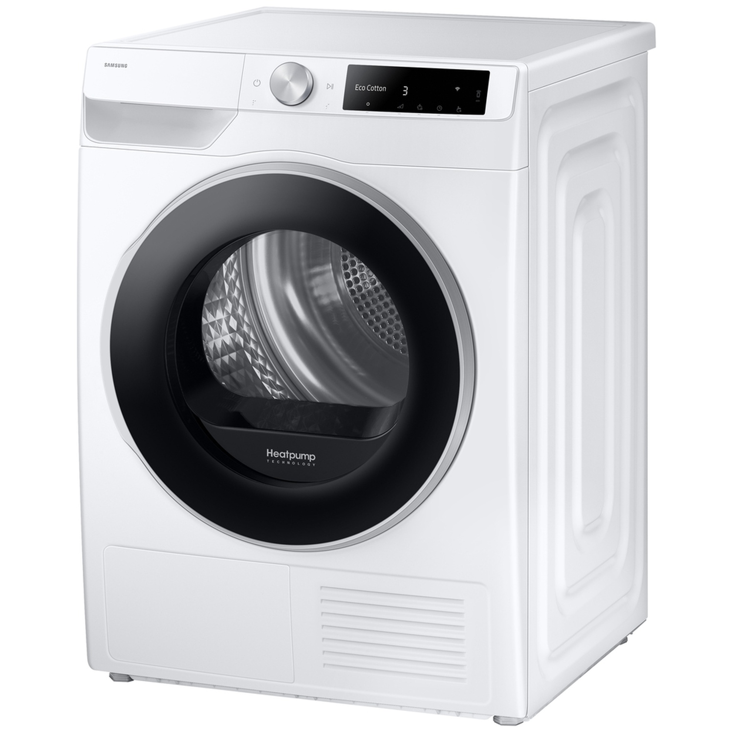 Een moderne witte Samsung warmtepompdroger met zwartgerande glazen deur en digitaal bedieningspaneel.
