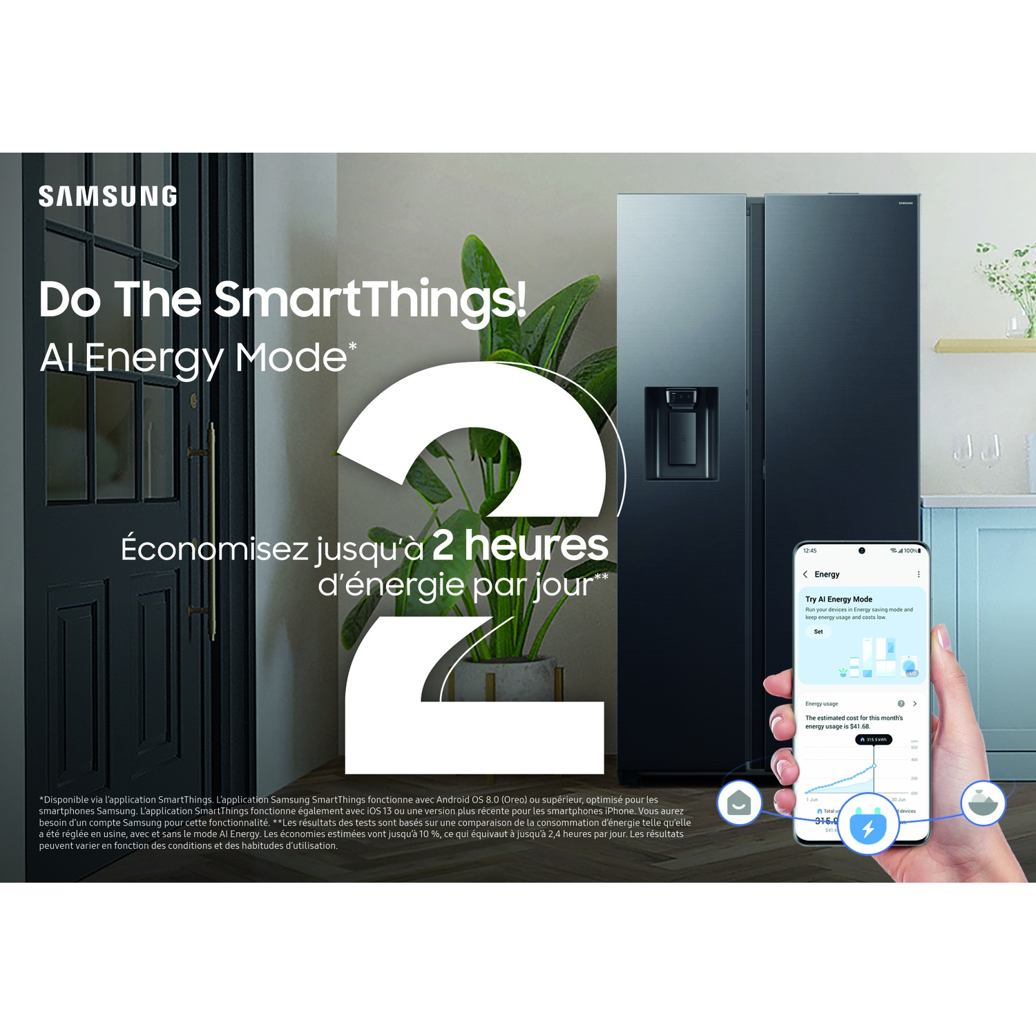 Samsung koelkast met SmartThings-app op een smartphone en AI Energy Mode tekst.