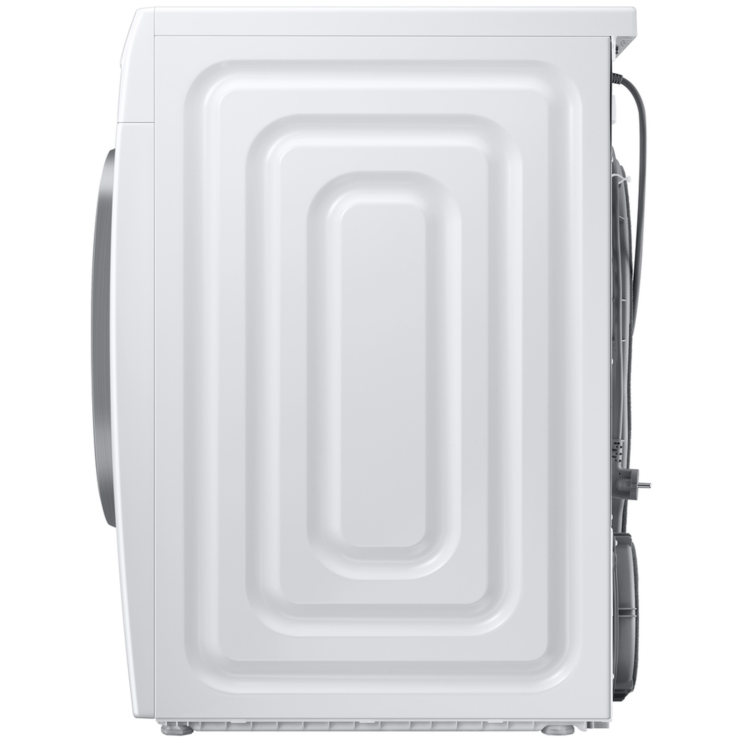 Zijaanzicht van een witte wasmachine met reliëfpatronen en zichtbare kabels aan de achterkant.