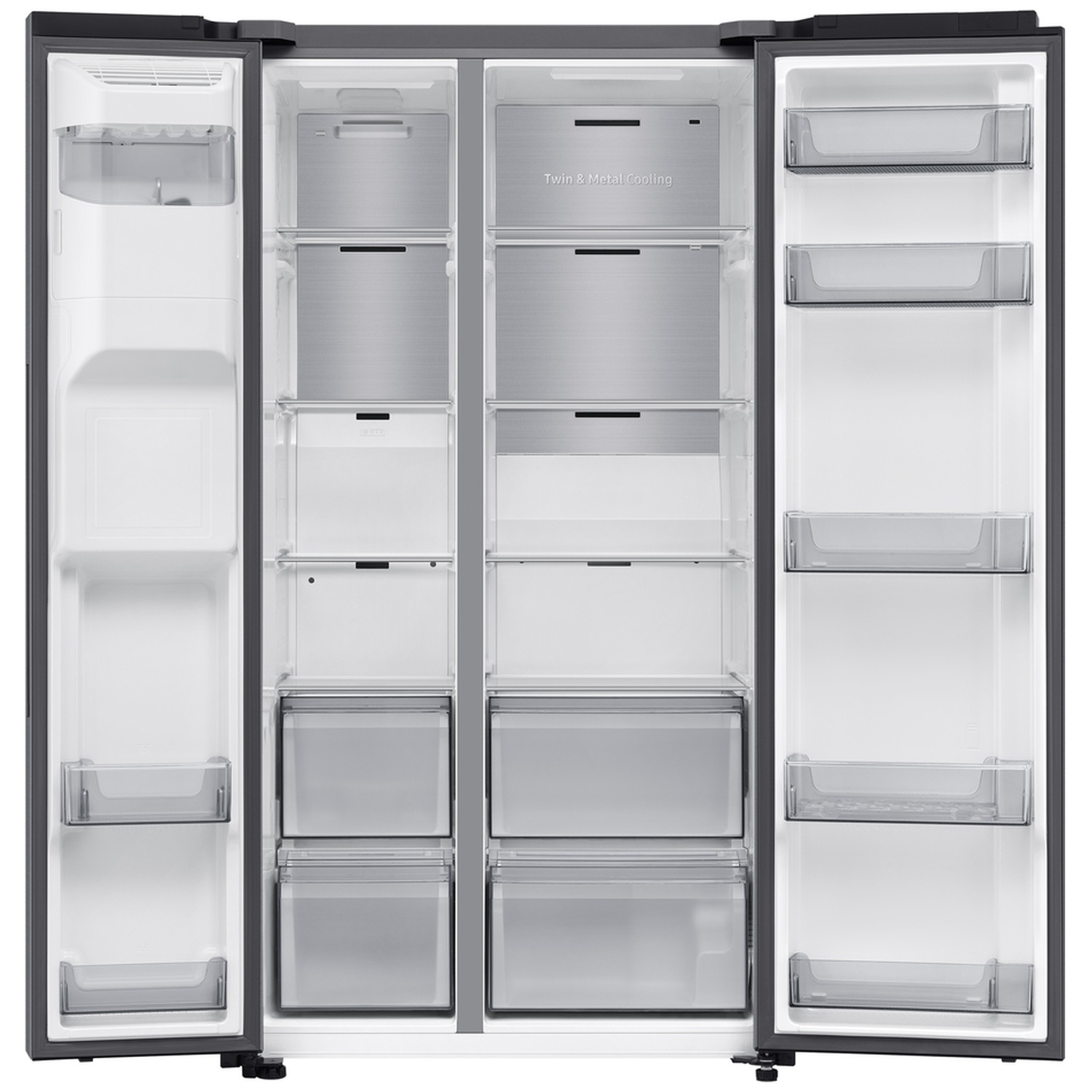 Open black double-door refrigerator with shelves, drawers, and metal cooling.