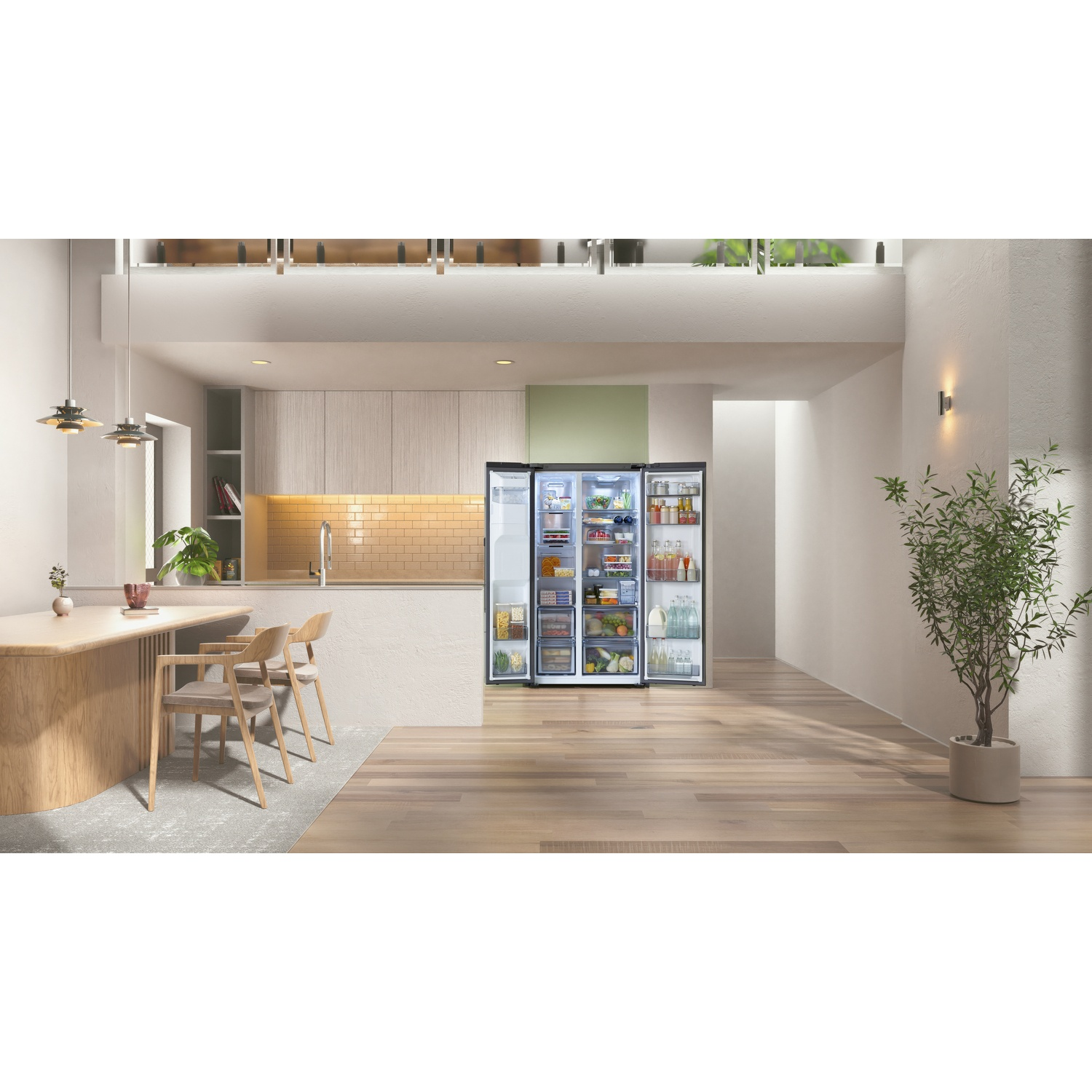 Modern open-plan kitchen with wooden floors and a large, stocked refrigerator in the background.