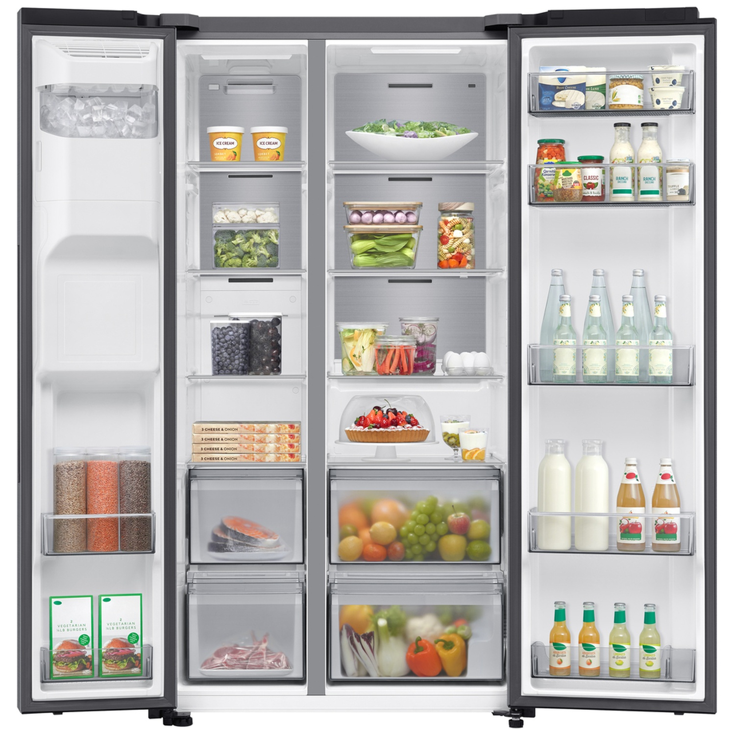 A large four-door refrigerator fully stocked with fresh food, drinks, and organized containers.