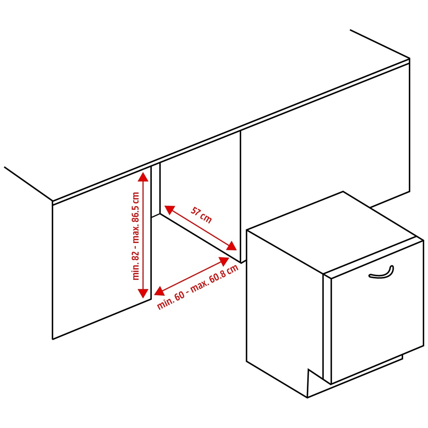 Dessin au trait de meubles de cuisine avec des flèches rouges indiquant les dimensions.