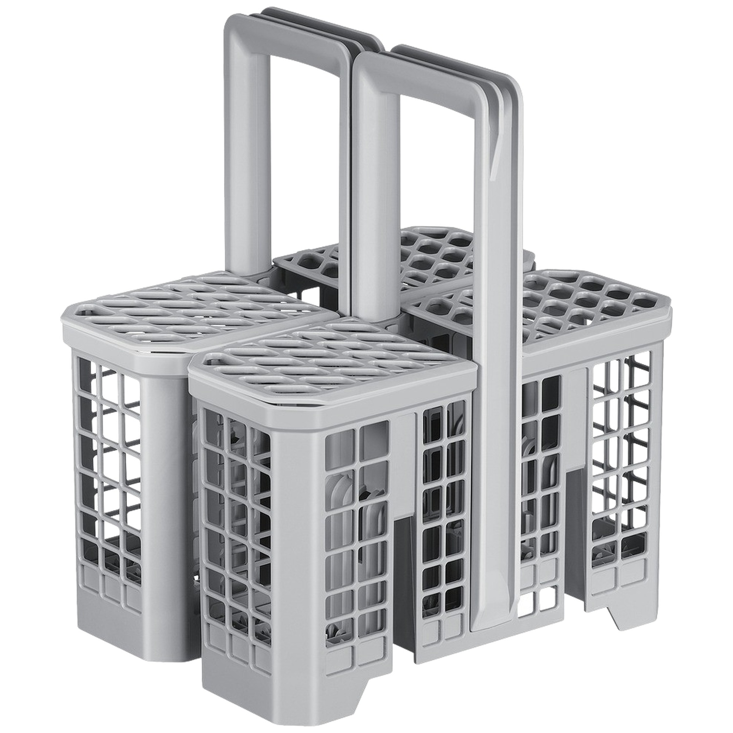 Panier à couverts de lave-vaisselle en plastique gris à quatre sections et deux poignées sur fond blanc.