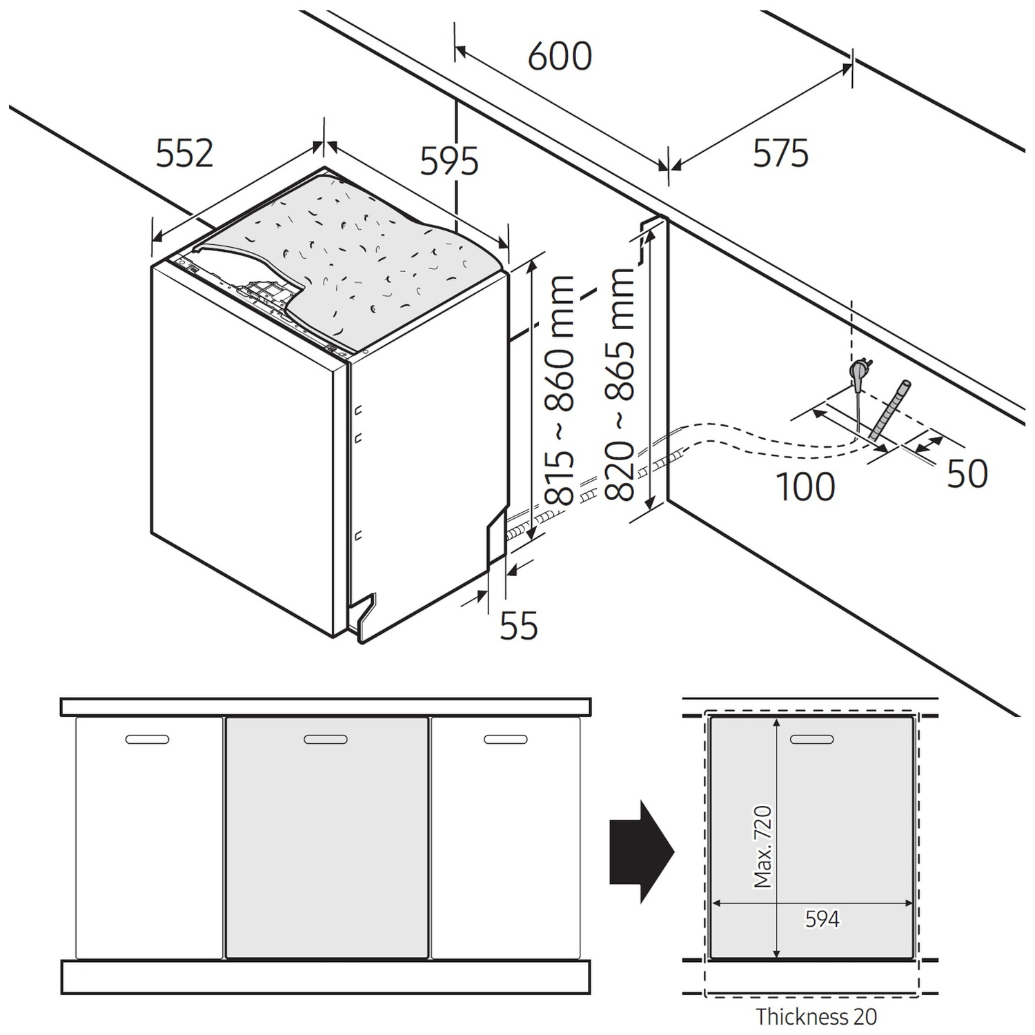 Dessin technique d'un lave-vaisselle avec des cotes en millimètres pour l'installation dans des meubles de cuisine.