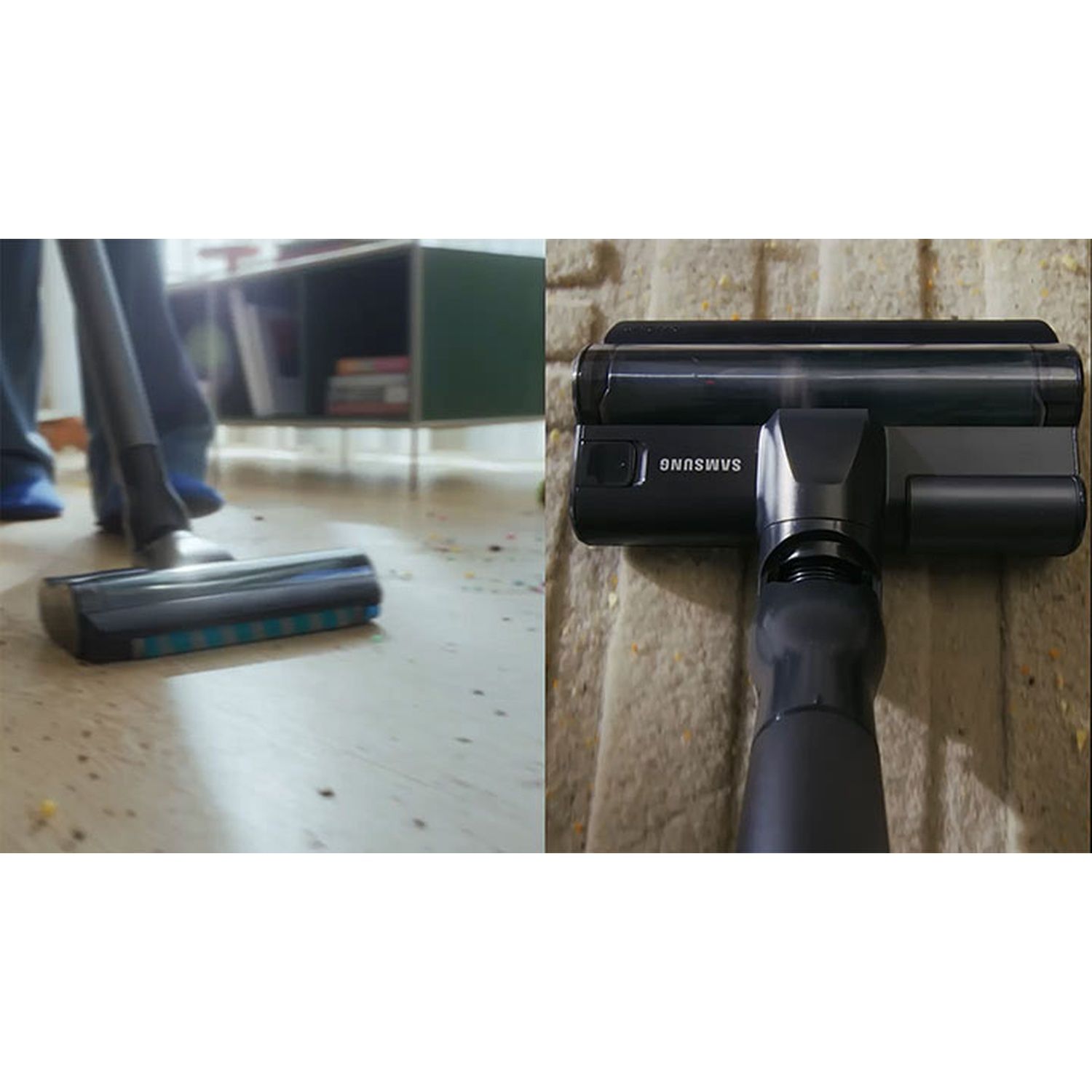 La vue partagée montre un aspirateur Samsung en action sur un parquet et un tapis.