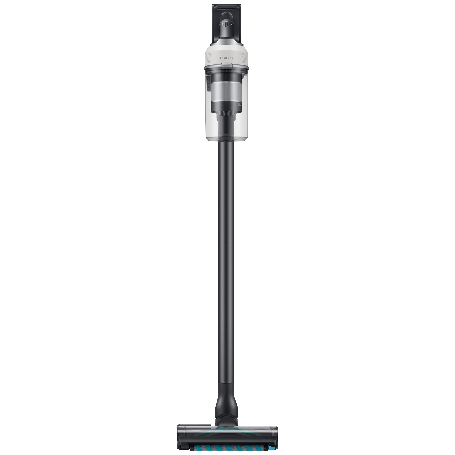 Un aspirateur balai sans fil noir et argent élégant et moderne avec bac transparent sur fond blanc.
