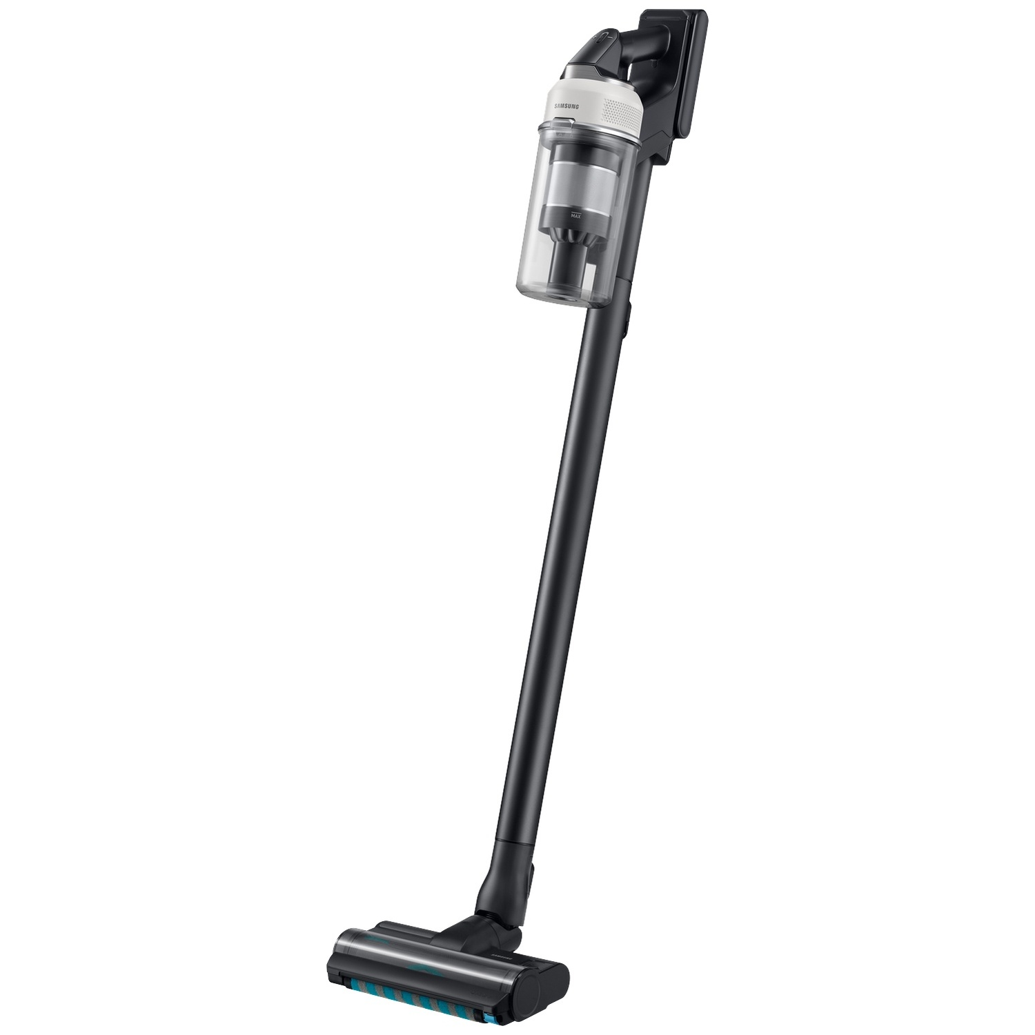 Un aspirateur balai sans fil noir et élégant avec un bac à poussière transparent sur fond blanc.