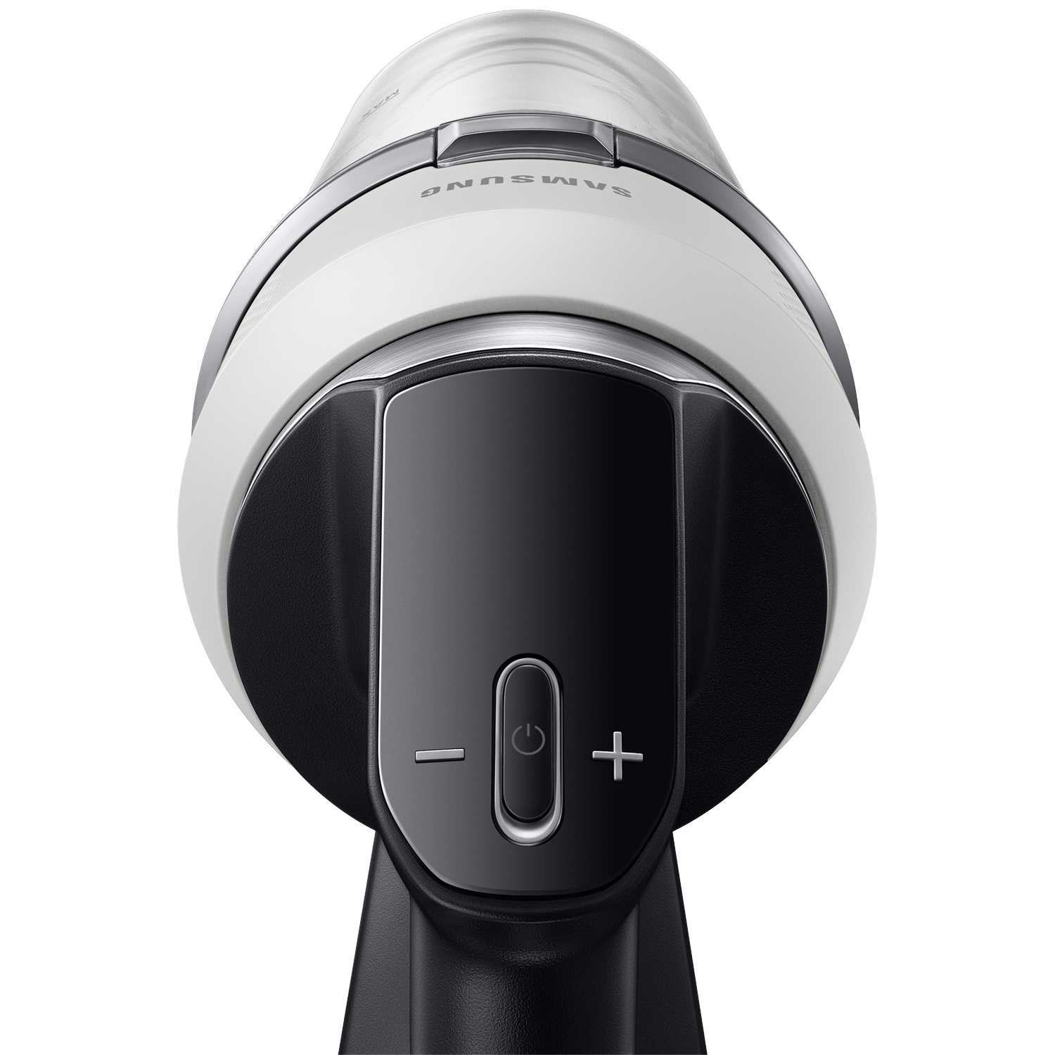 Vue arrière de la poignée d'aspirateur Samsung avec bouton d'alimentation et commandes plus et moins.