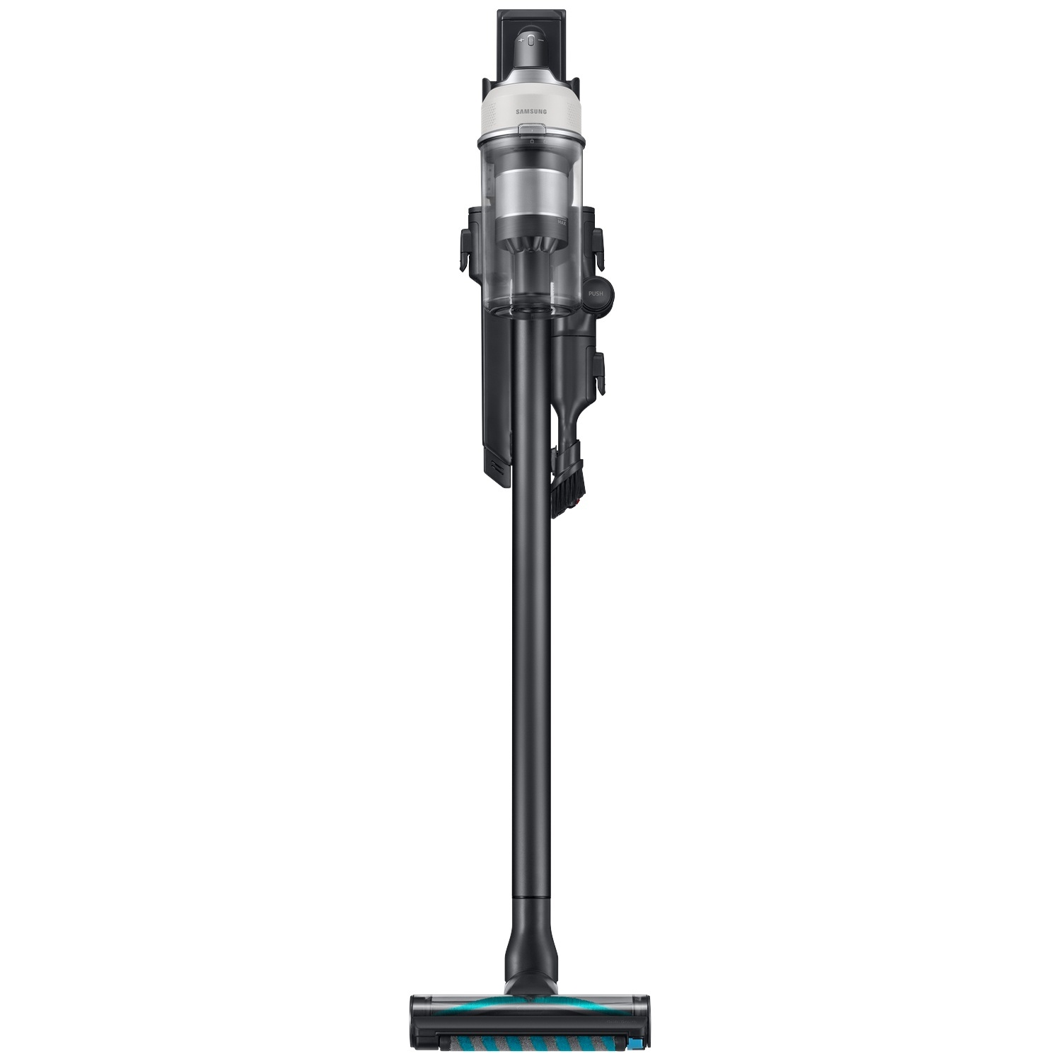 Un aspirateur balai sans fil moderne noir et argent debout sur fond blanc.