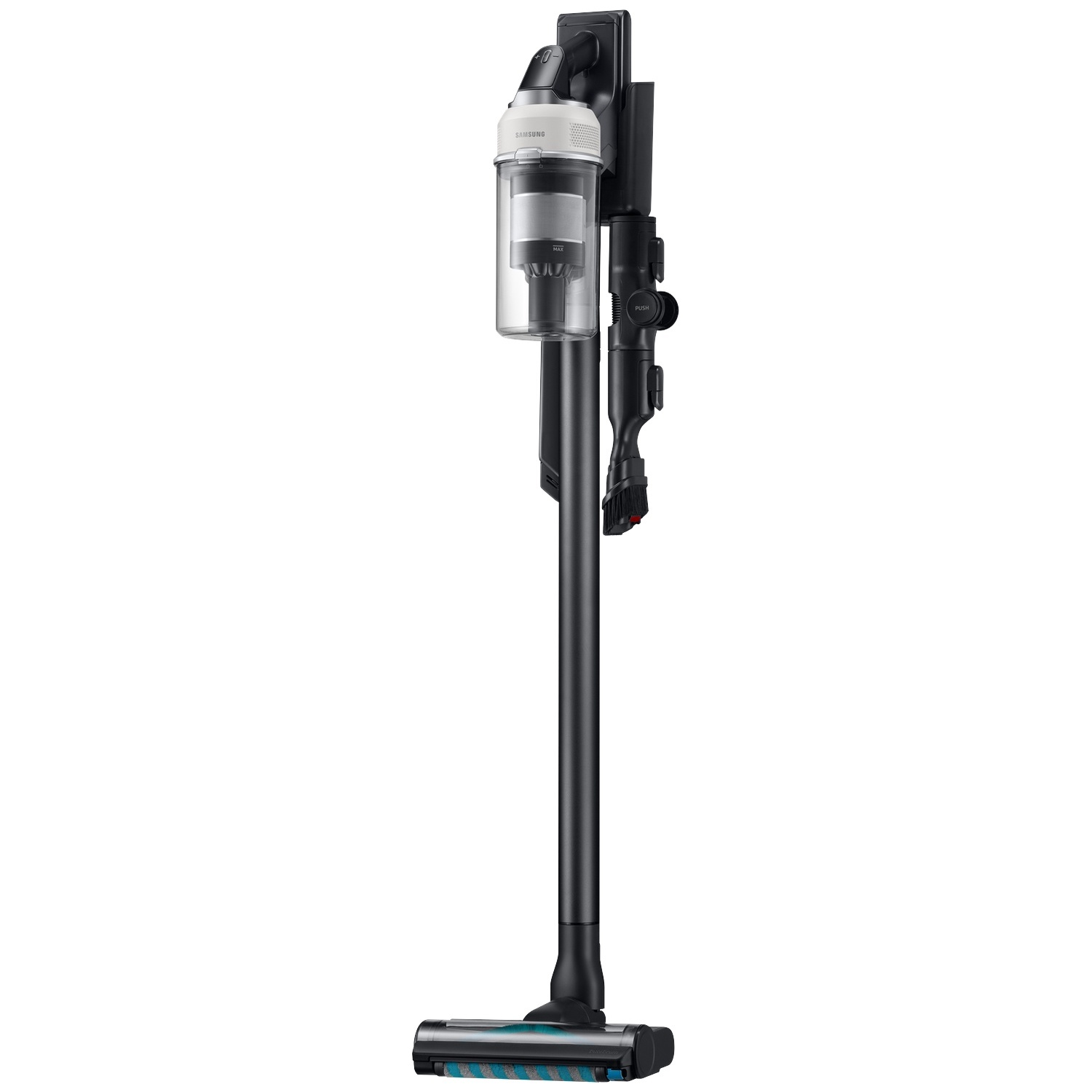 Un aspirateur balai sans fil moderne noir et blanc se tient droit sur fond blanc.