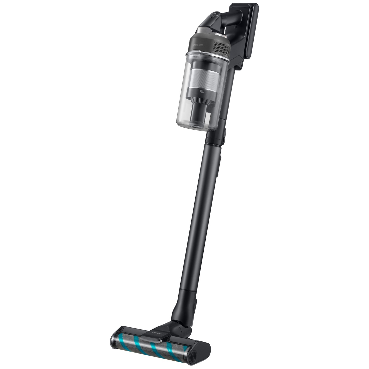 Un aspirateur balai sans fil noir moderne avec un bac à poussière transparent sur fond blanc.