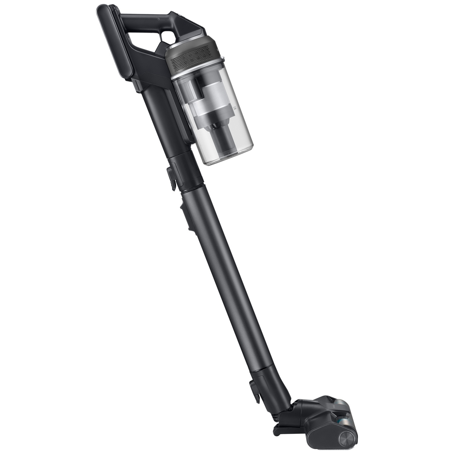 Un aspirateur balai sans fil noir et élégant avec un bac à poussière transparent sur fond blanc.