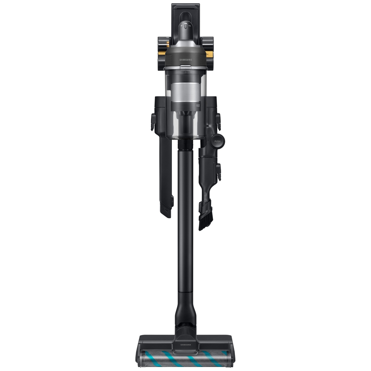 Un aspirateur balai sans fil noir avec bac à poussière transparent sur fond blanc.