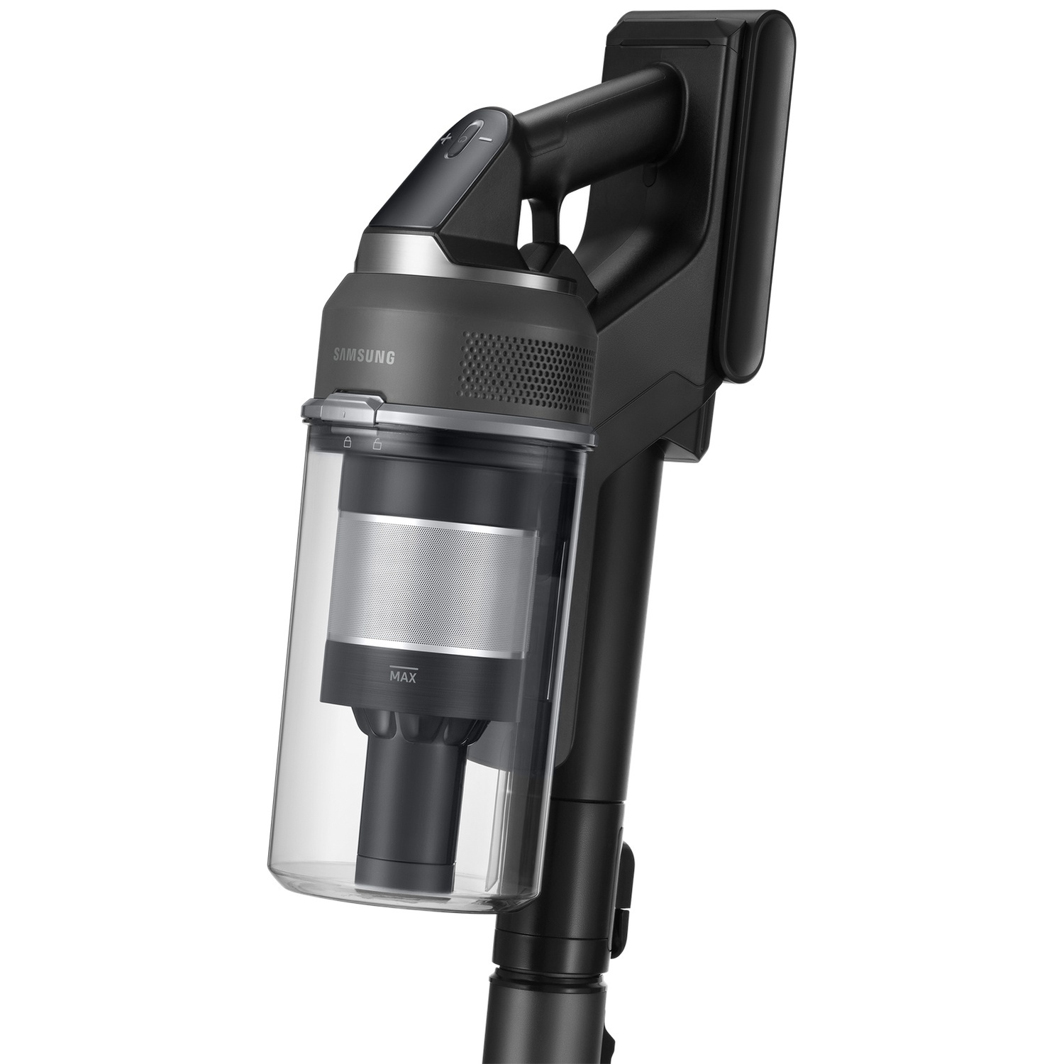 Un aspirateur sans fil noir Samsung avec un bac à poussière transparent sur fond blanc.
