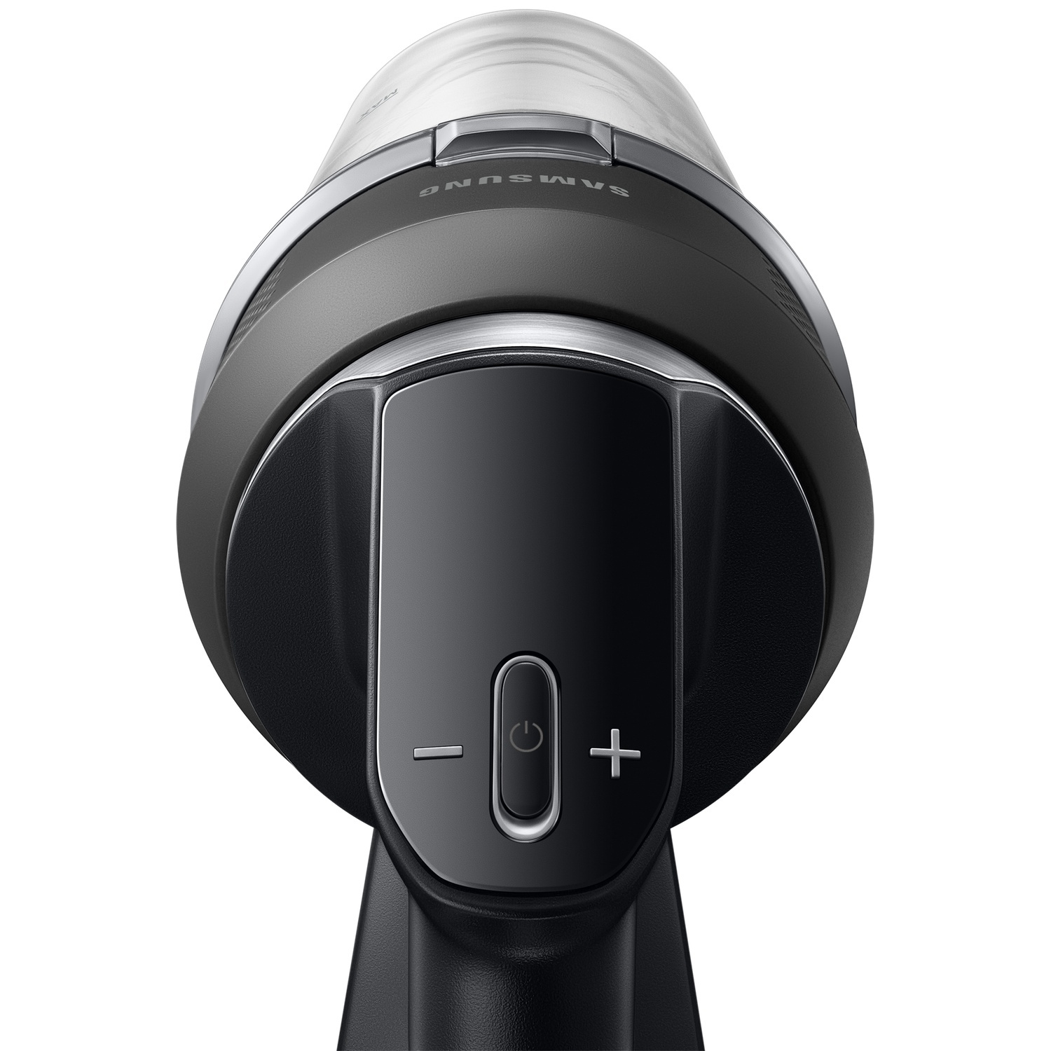 Gros plan sur la poignée d'un aspirateur balai Samsung noir avec boutons de commande sur fond blanc.