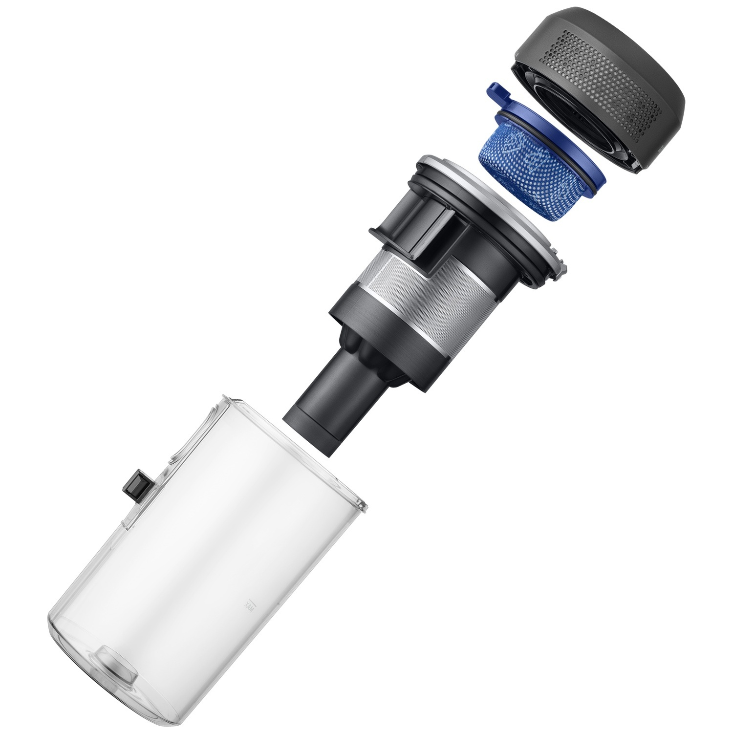 Vue éclatée du bac à poussière d'un aspirateur, comprenant un réservoir transparent, un noyau noir, un filtre bleu et un bouchon.