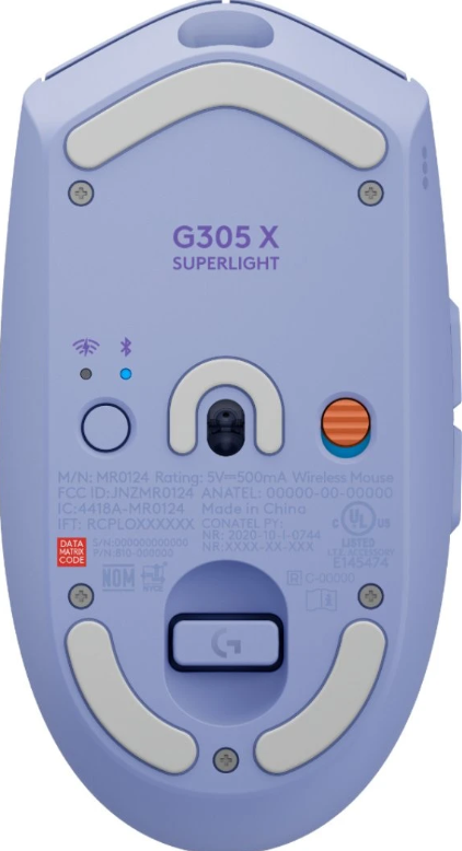 Die Unterseite einer hellblauen G305 X Superlight kabellosen Maus mit Sensoren, Tasten und Produktinformationen.