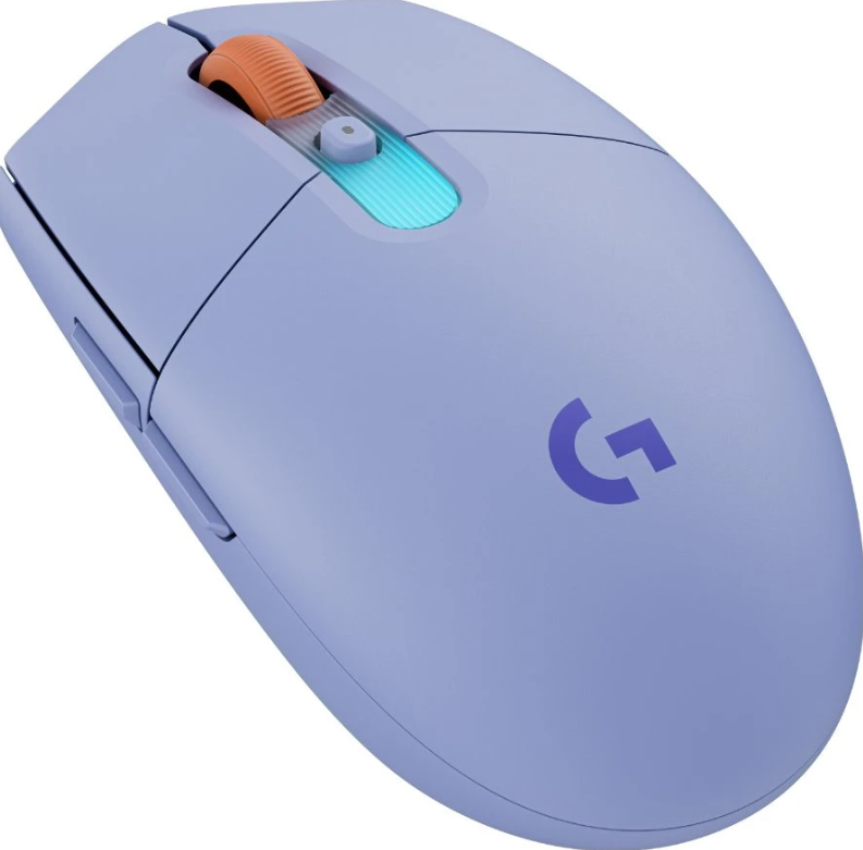 Eine hellviolette kabellose Gaming-Maus mit orangenem Mausrad und blauem Logitech G-Logo.