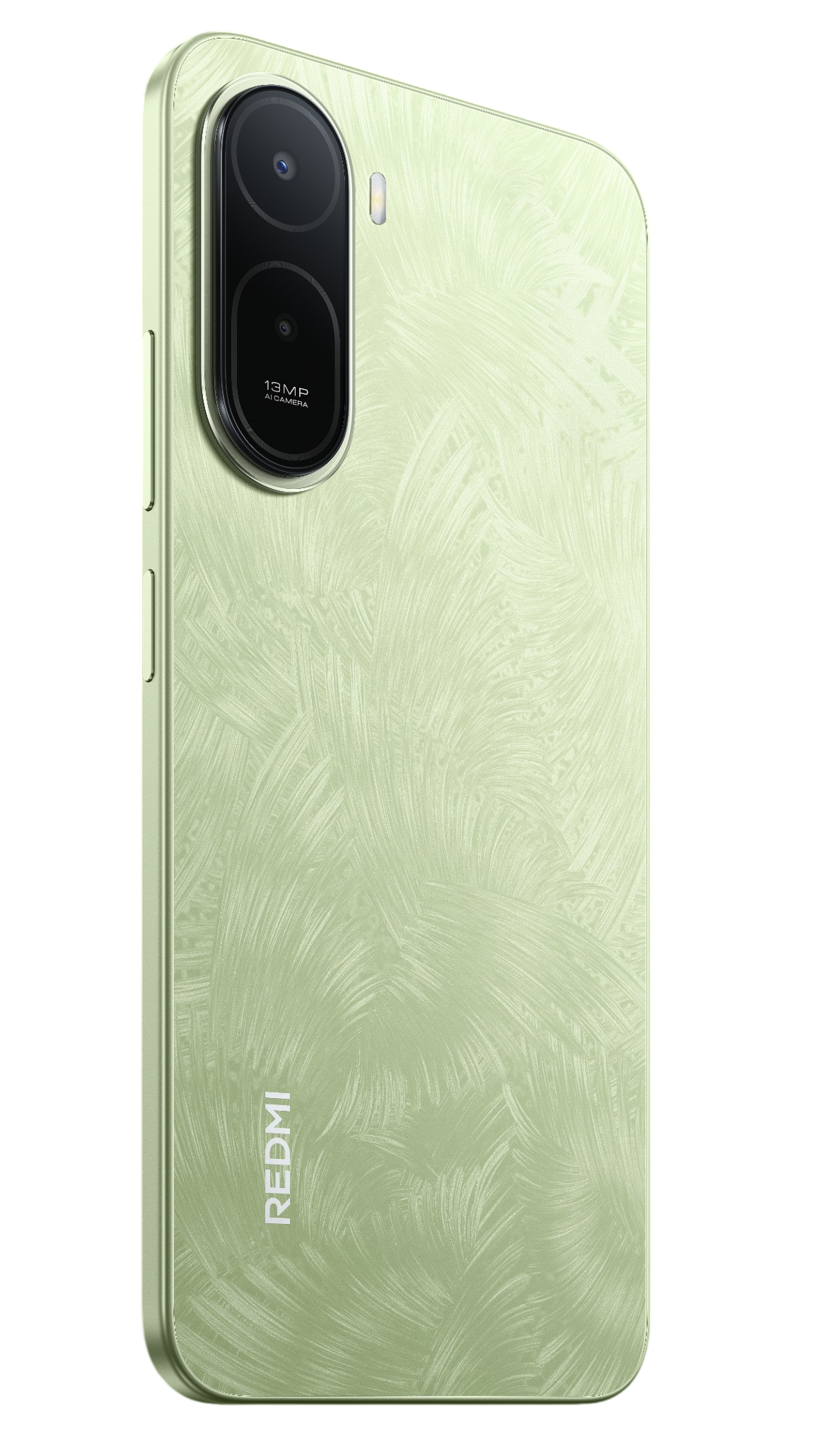 Arkada dokulu desenli ve dikey çift kameralı açık yeşil bir Redmi akıllı telefon.