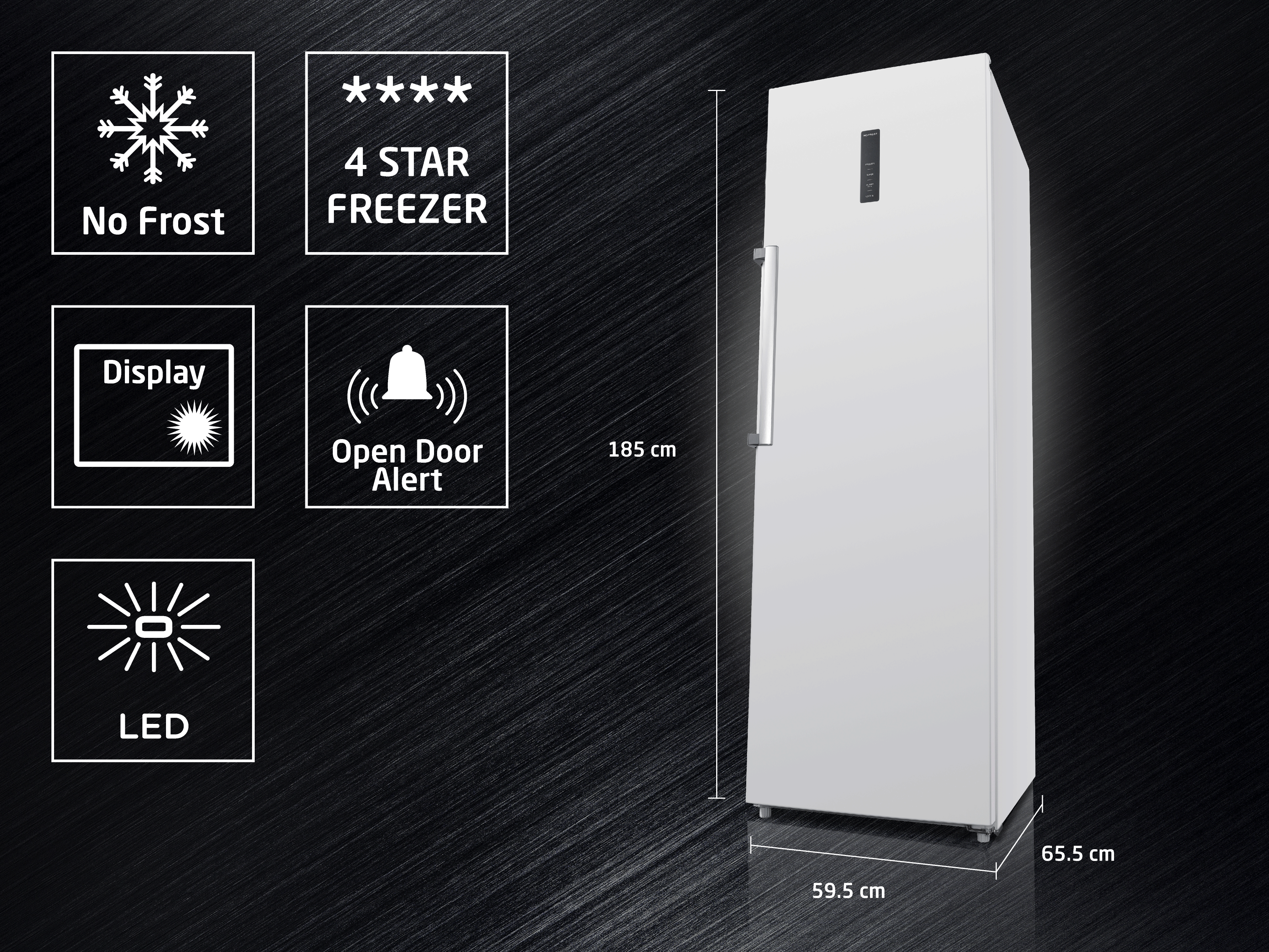 Weißer Standgefrierschrank mit Maßen und Icons für No Frost, Display und LED.