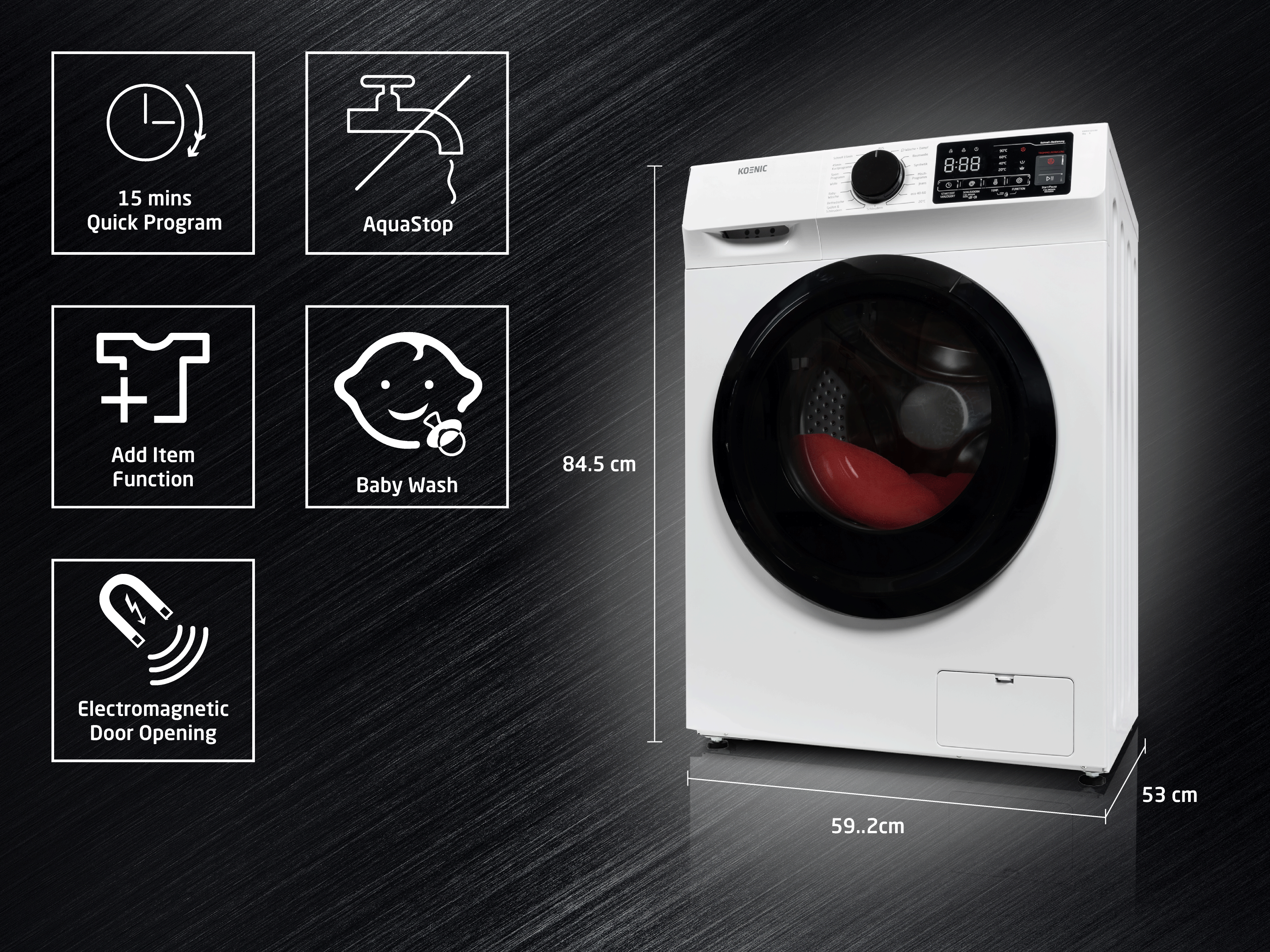 Weiße Koenic Waschmaschine mit Funktionssymbolen und Maßen auf dunklem Hintergrund.