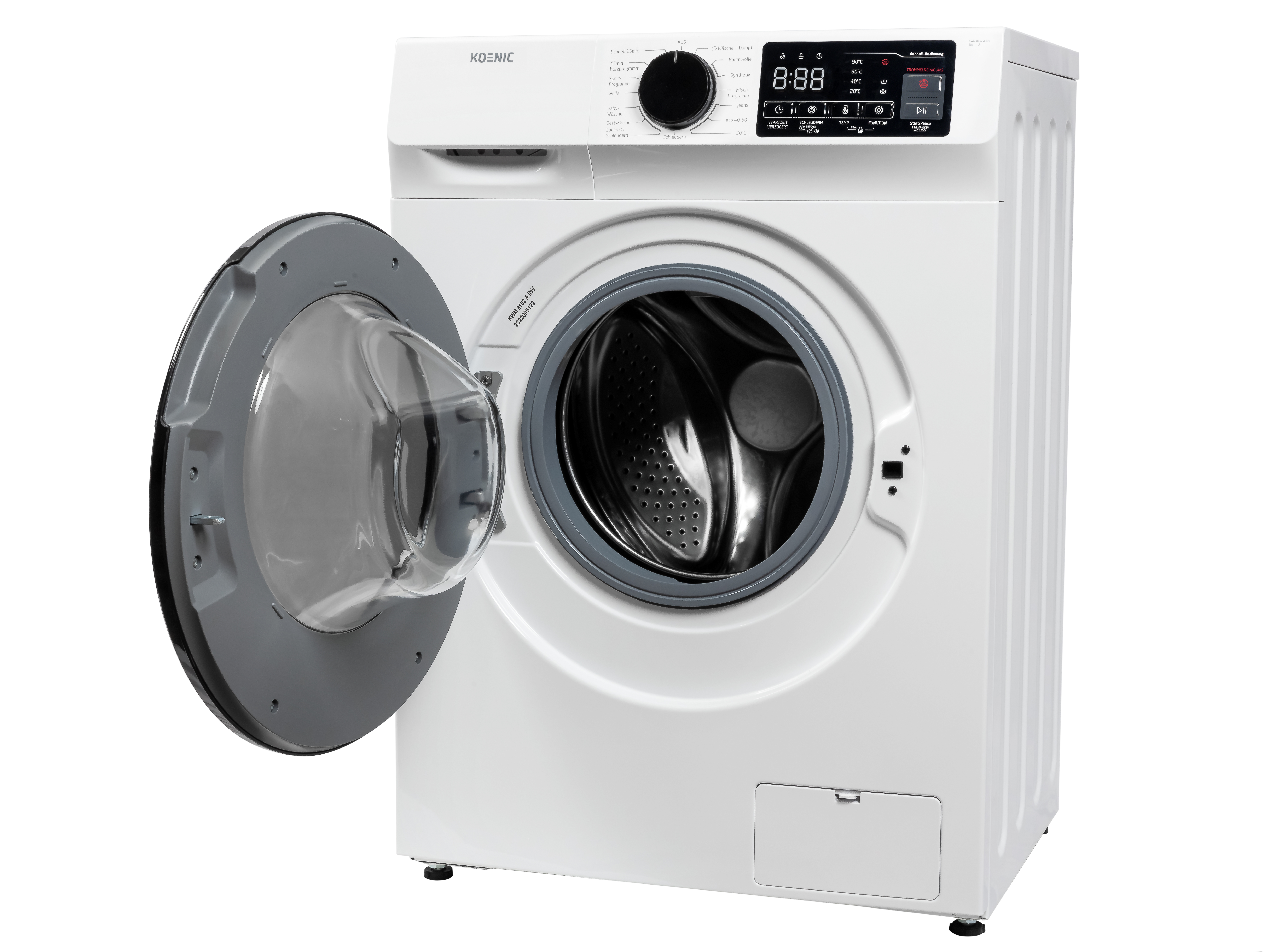 Eine weiße Waschmaschine mit offener Tür und digitalem Display steht vor weißem Hintergrund.