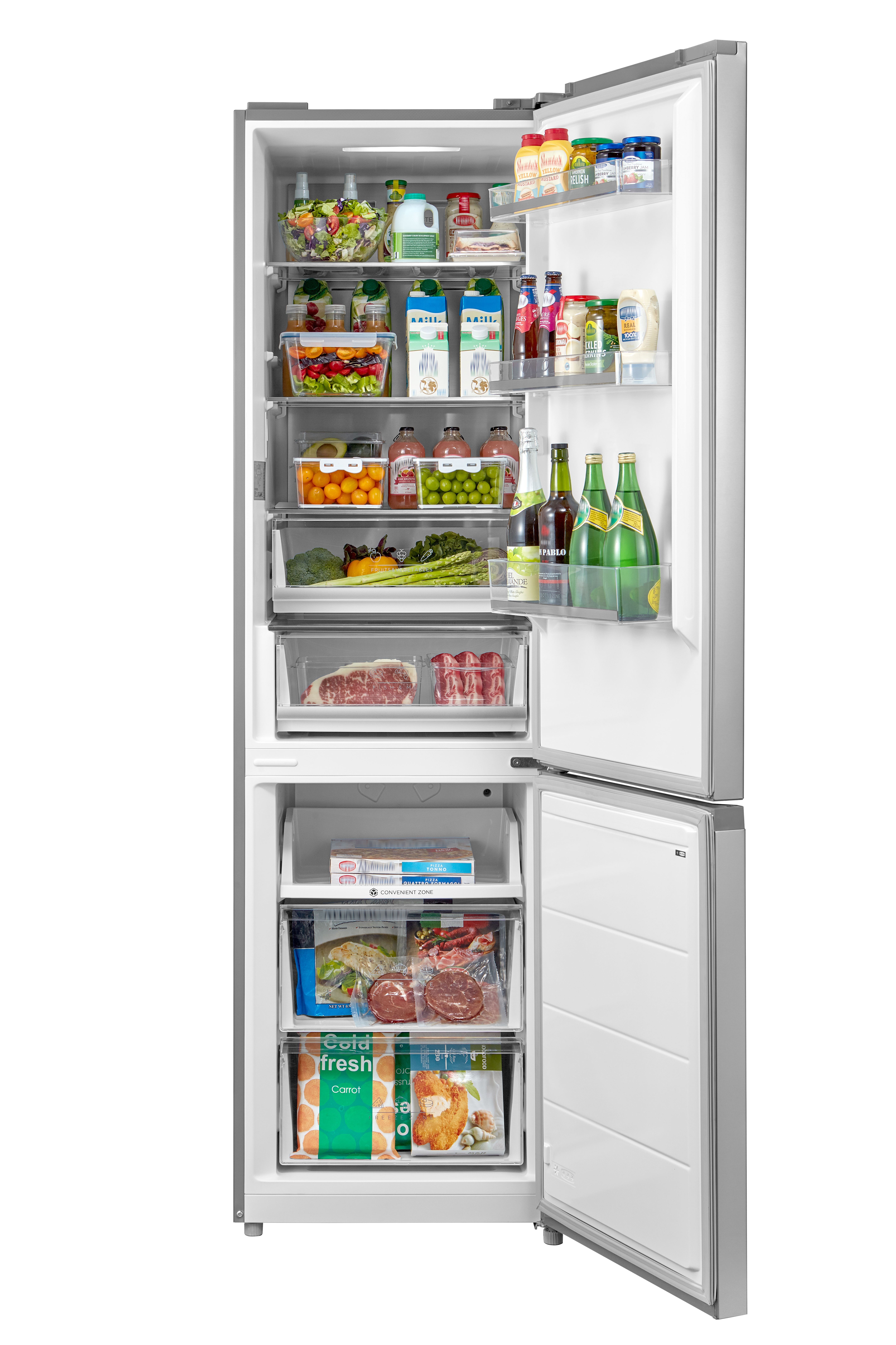 Ein offener Kühlschrank gefüllt mit frischem Gemüse, Getränken, Fleisch und Gefrierartikeln.