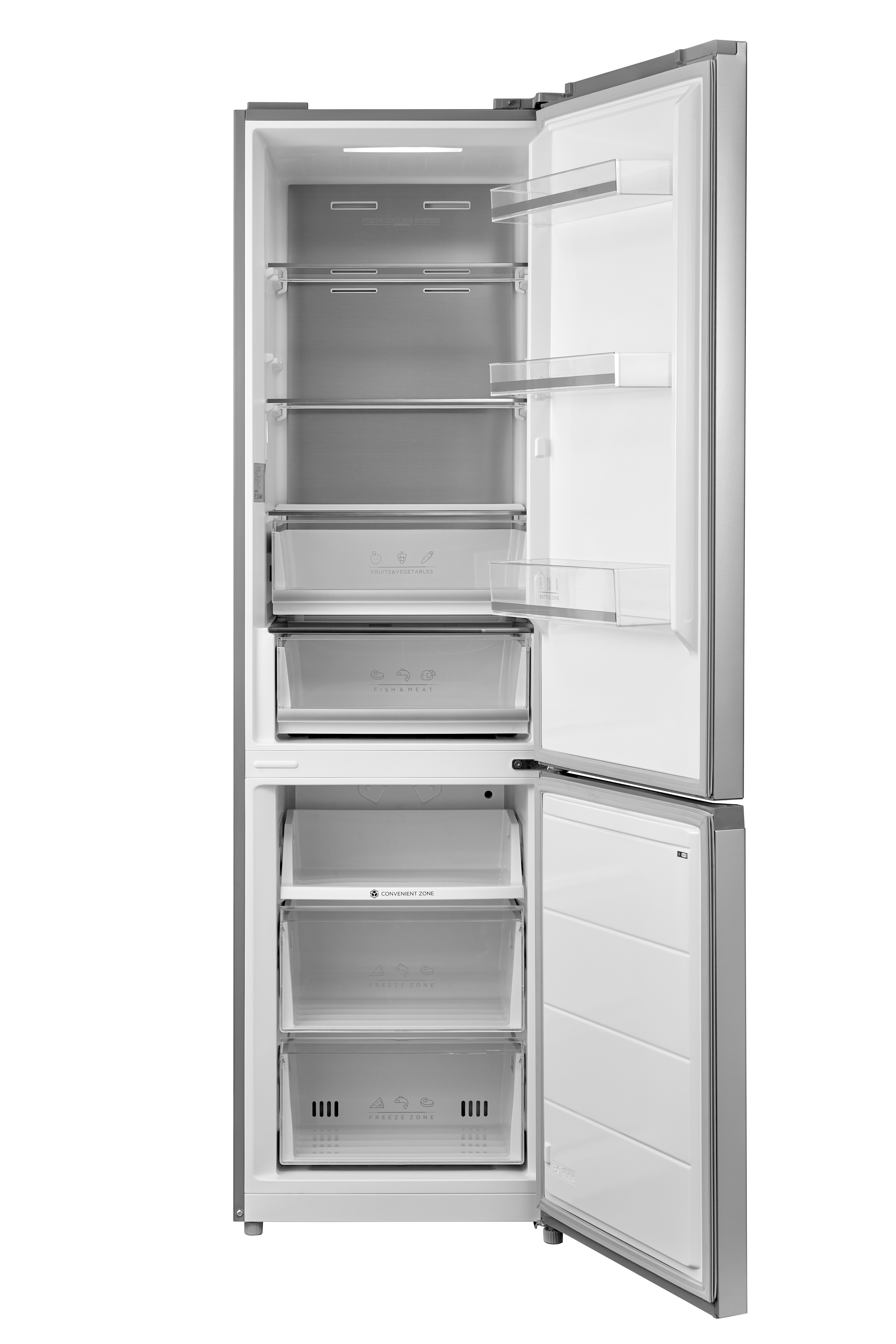 Offener silberner Kühlschrank mit leeren Glasböden, Gemüseschubladen und Türfächern.