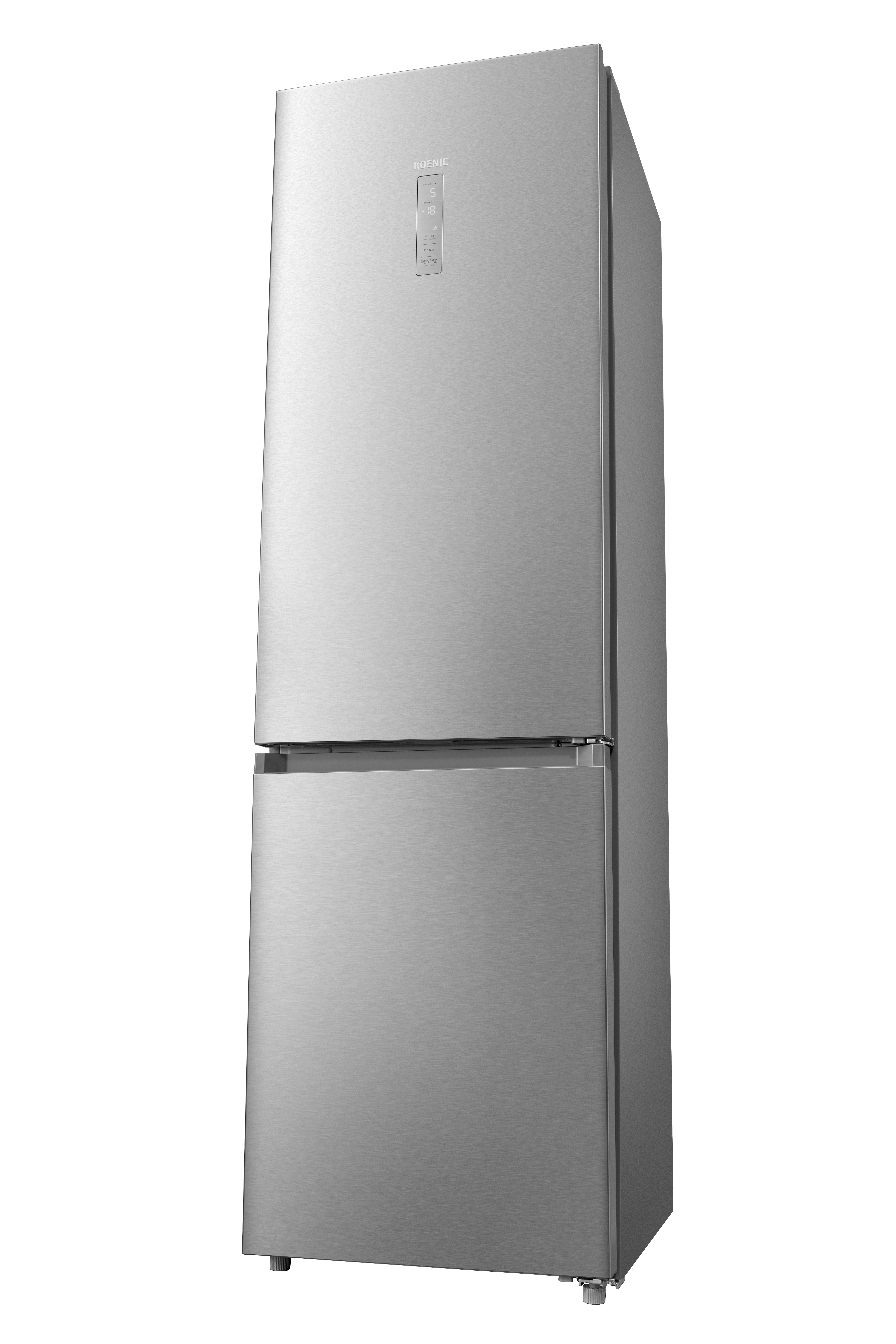 Ein moderner Kühlschrank aus silbernem Edelstahl mit Digitaldisplay an der oberen Tür vor weißem Hintergrund.