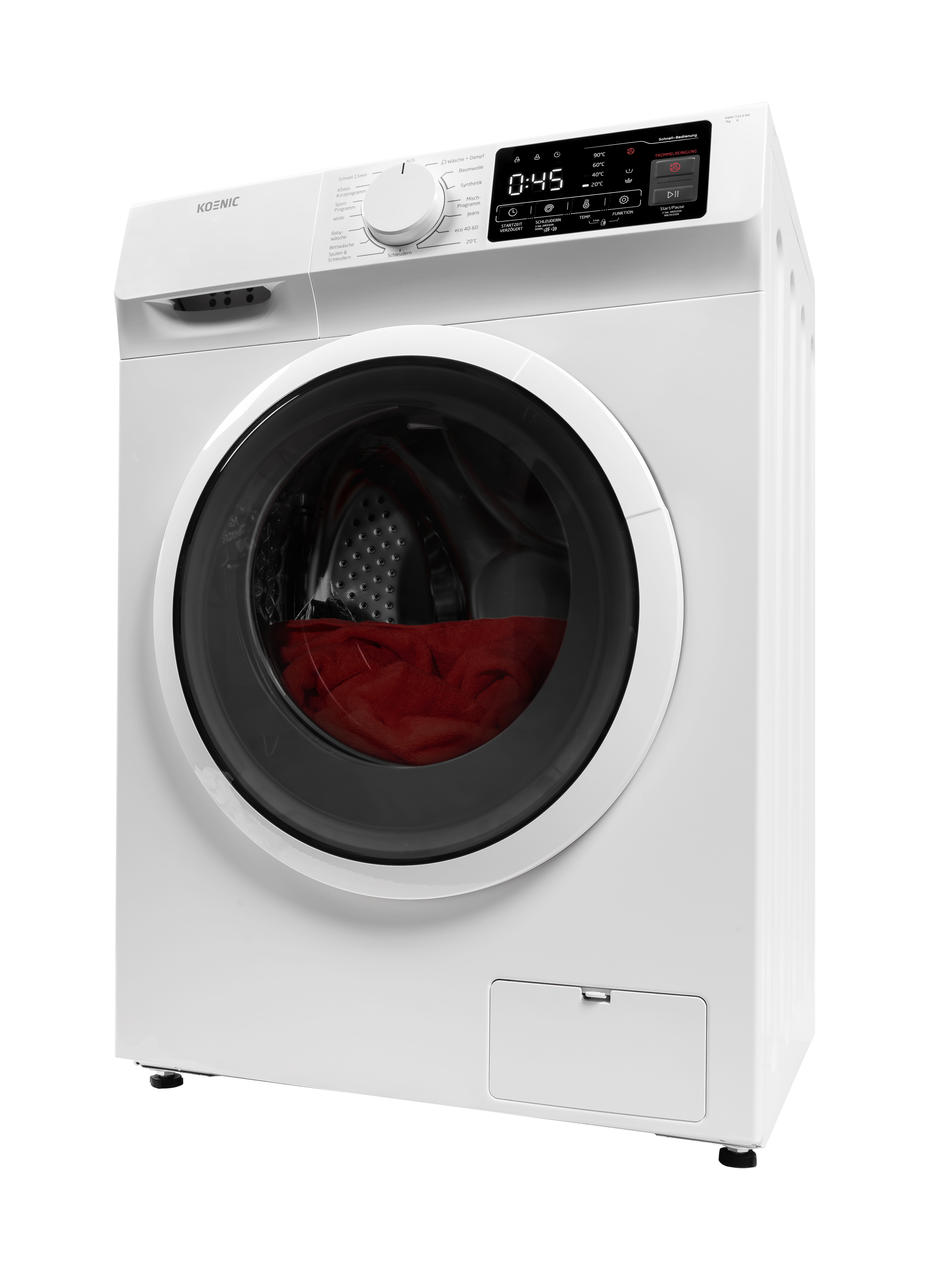 Eine weiße Koenic-Waschmaschine mit digitalem Display und roter Wäsche im Glasfenster.