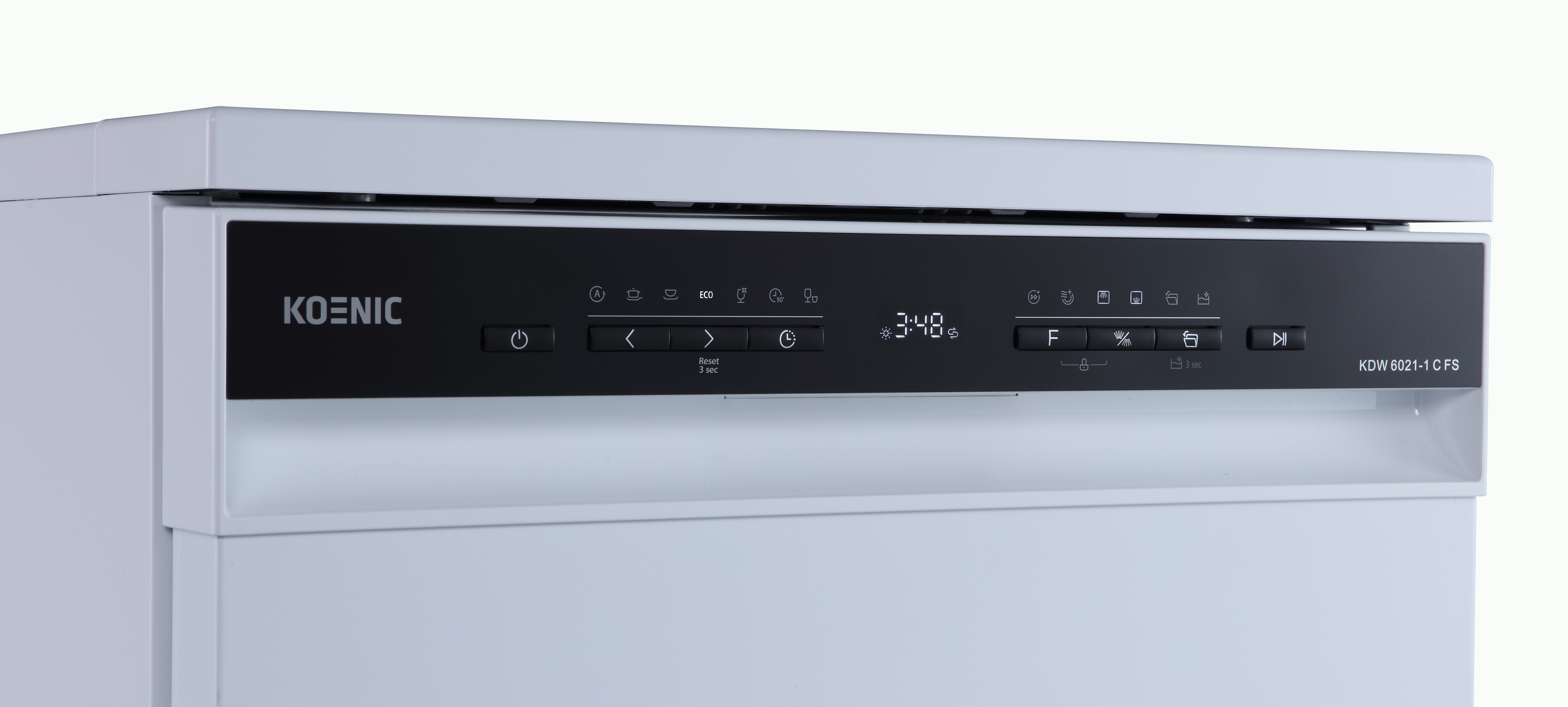 Weißer Koenic Geschirrspüler mit schwarzem Bedienfeld und LED-Display.