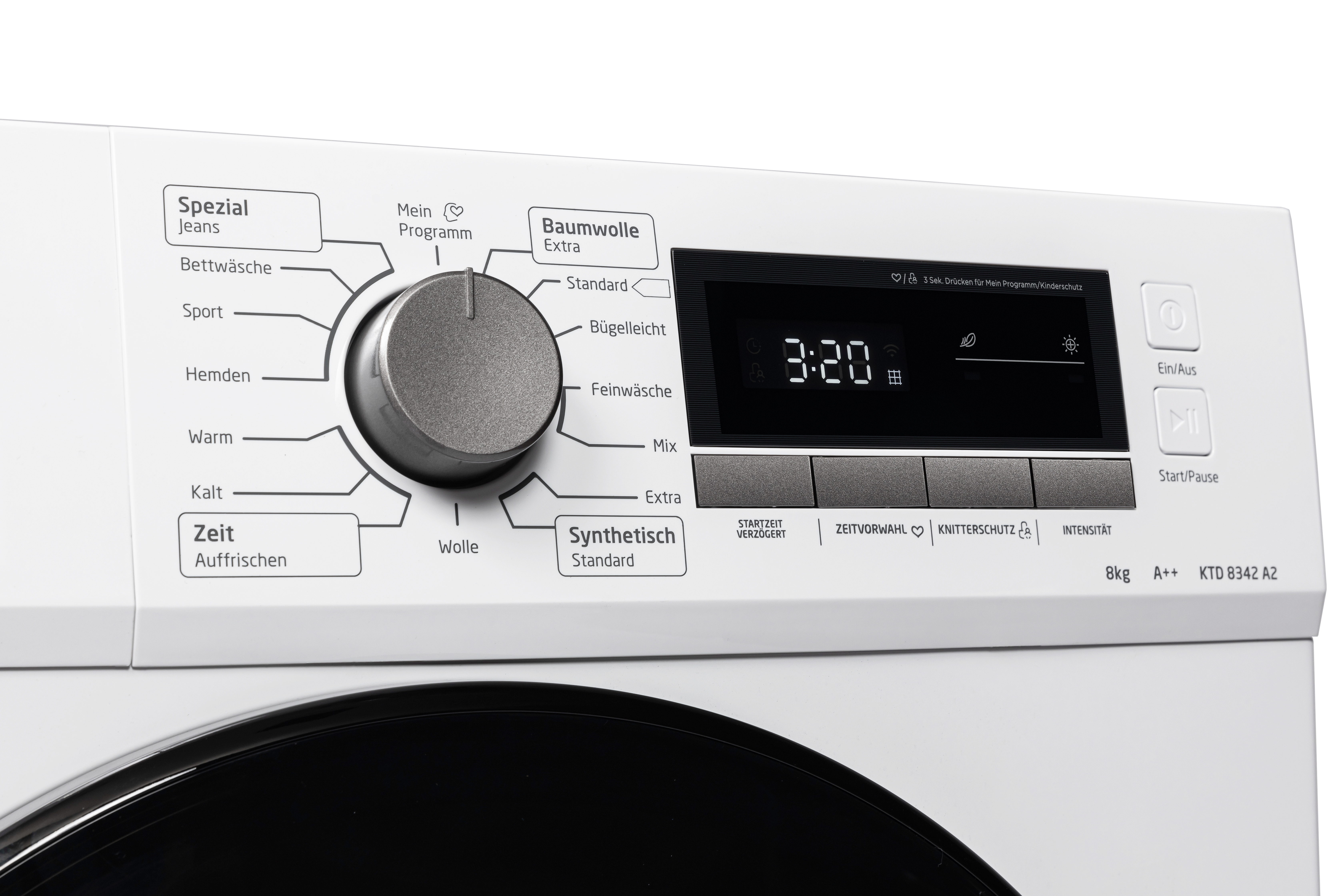 Bedienfeld einer weißen Waschmaschine mit Drehregler, Digitalanzeige und Tasten.