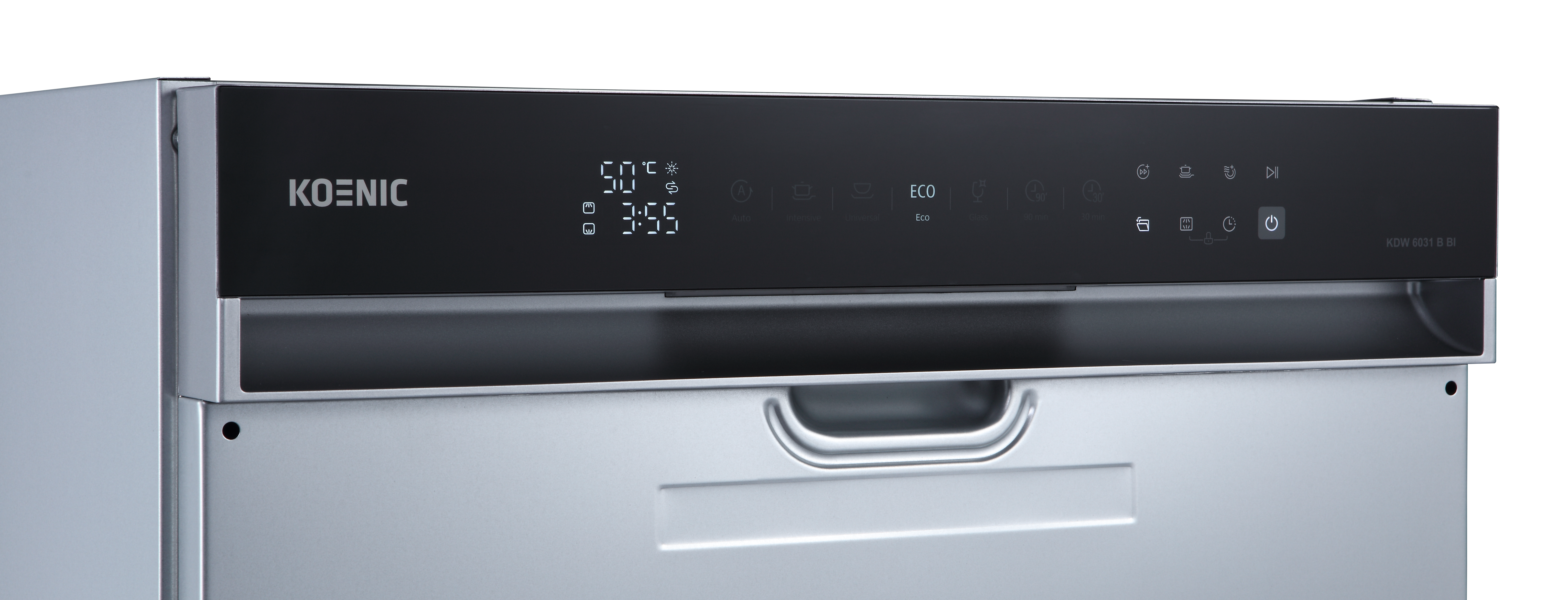Das obere Bedienfeld eines silbernen Koenic Geschirrspülers mit schwarzem Display, Touch-Tasten und Griff.