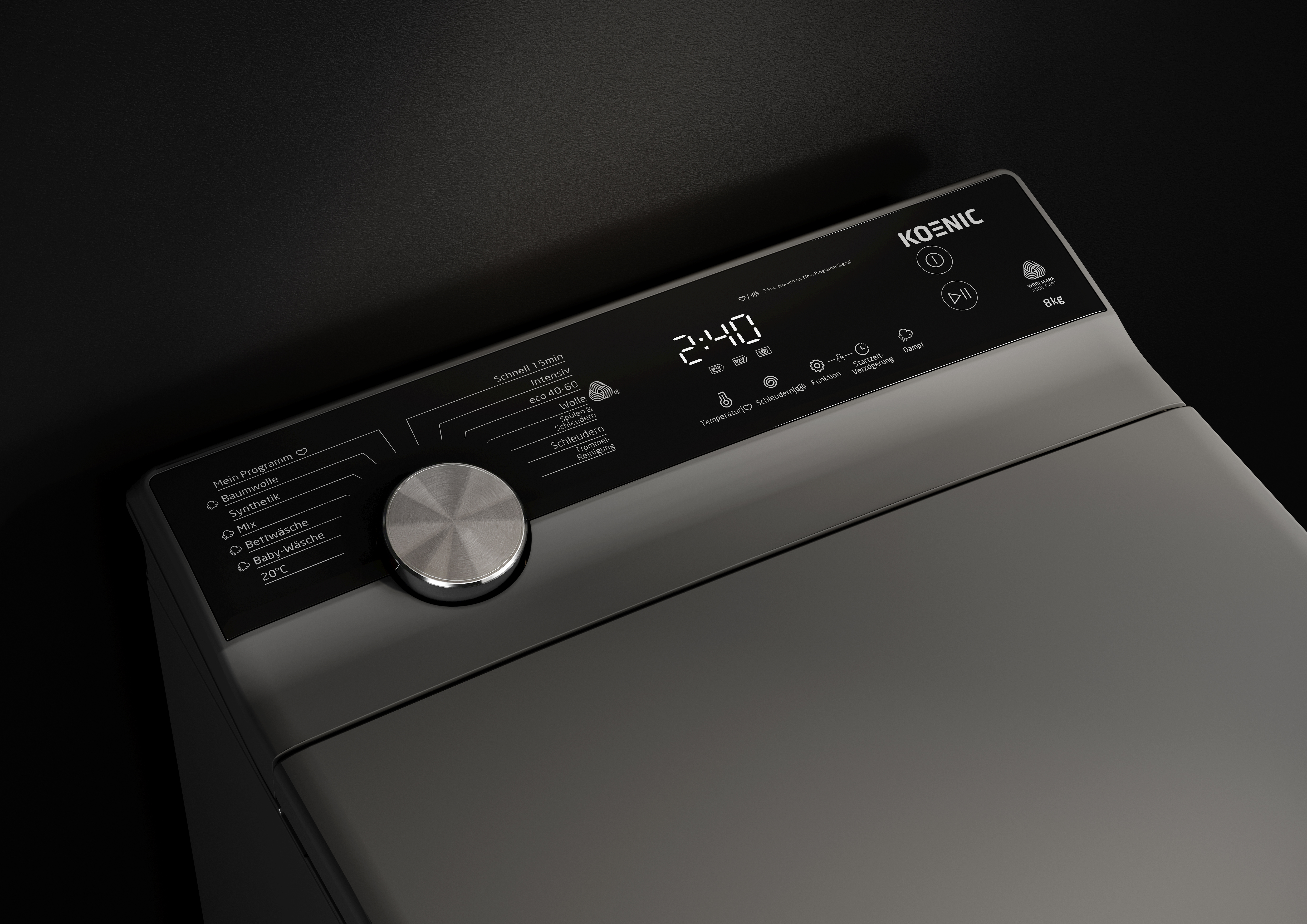 Bedienfeld einer grauen Koenic Waschmaschine mit LED-Display, Drehregler und Touch-Tasten vor schwarzem Hintergrund.