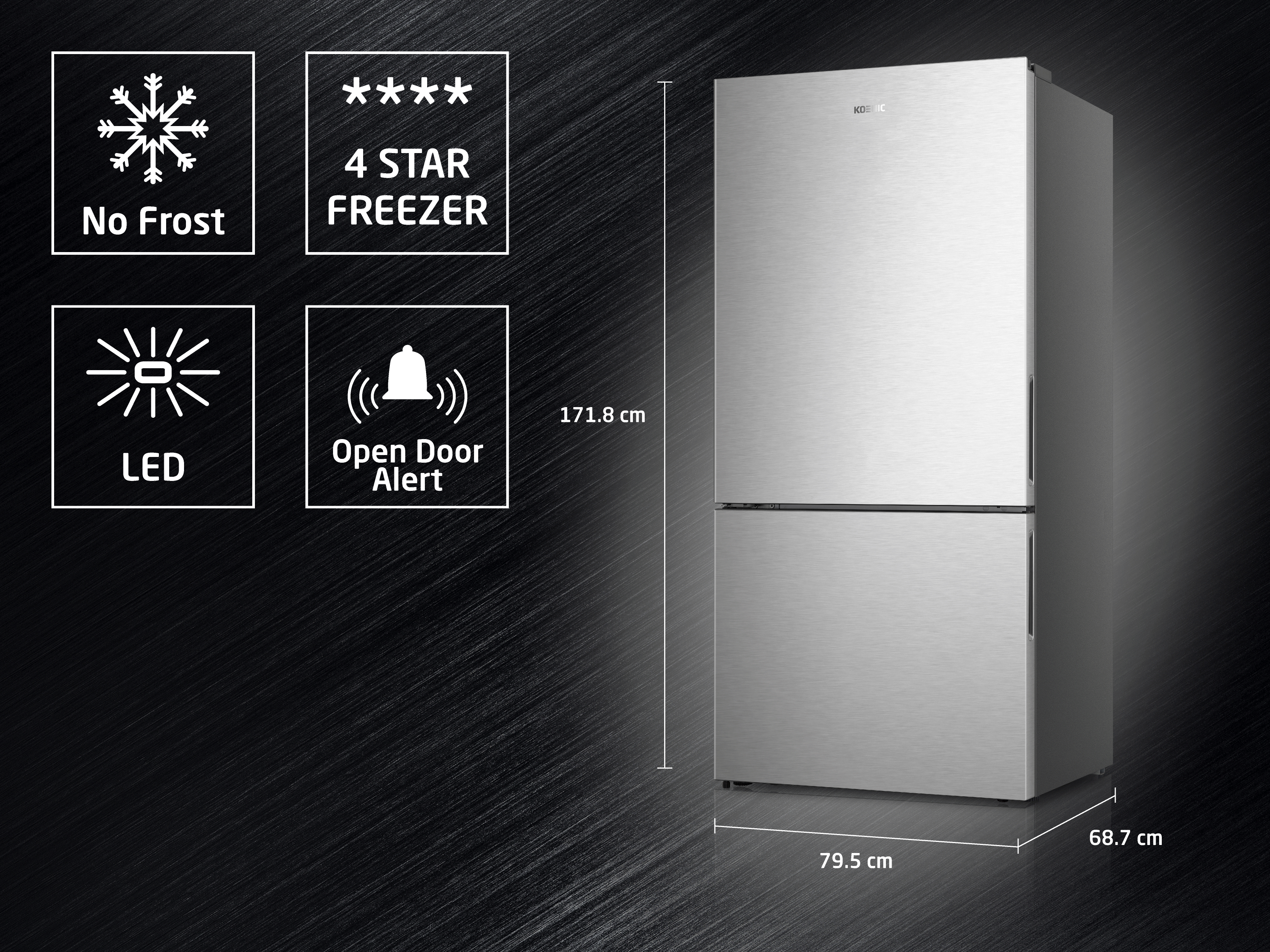 Silberner Kühlschrank mit No Frost, 4-Sterne-Gefrierfach, LED und Türwarner sowie Maßangaben.