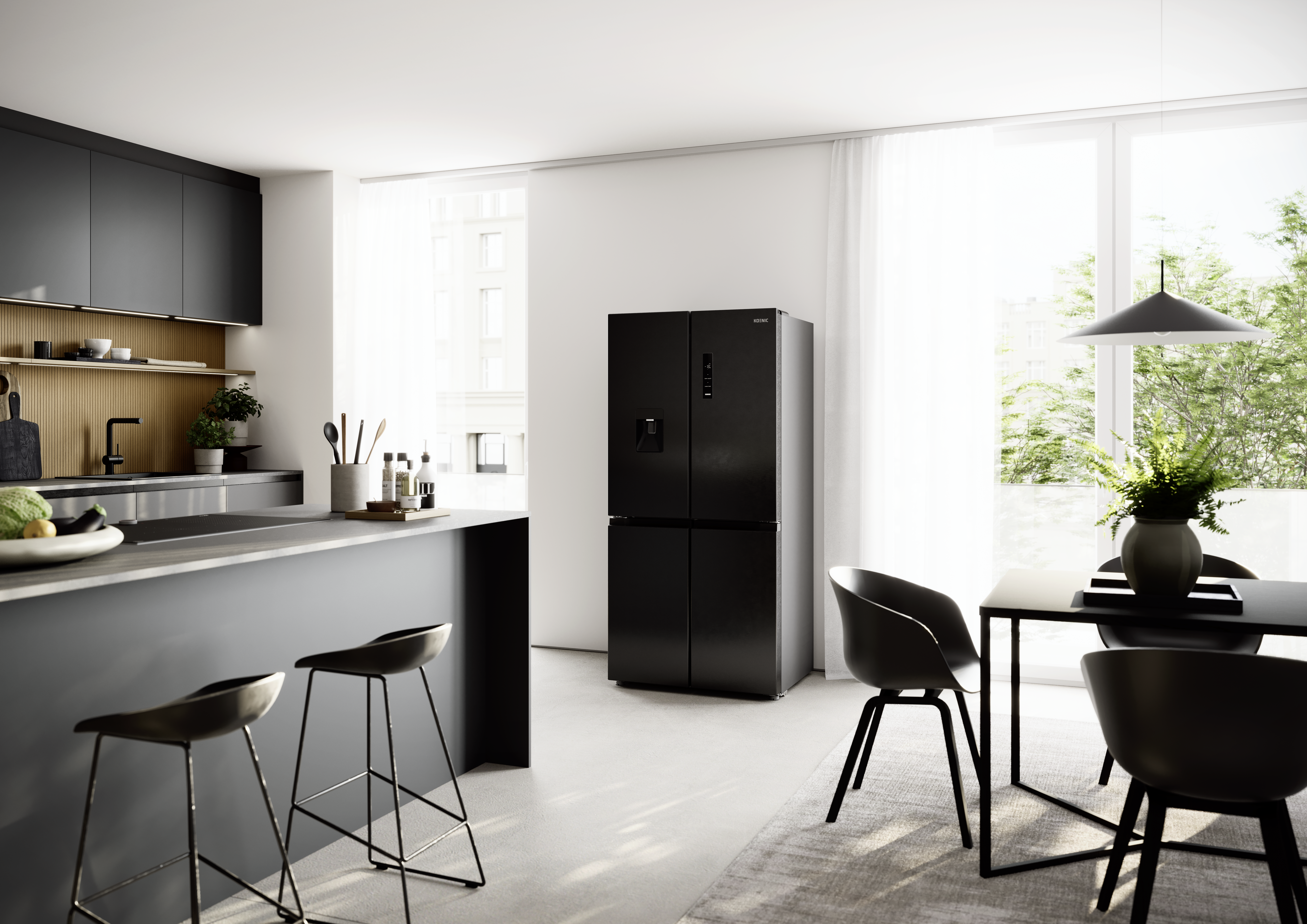 Moderne Küche mit schwarzem Kühlschrank, Kücheninsel, Esstisch und großen Fenstern mit hellem Tageslicht.