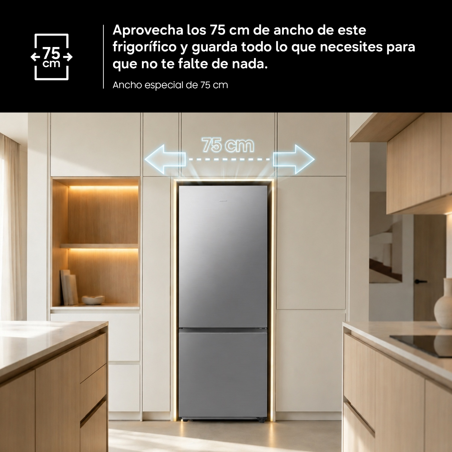 Un frigorífico plateado de 75 cm de ancho integrado en una cocina moderna.