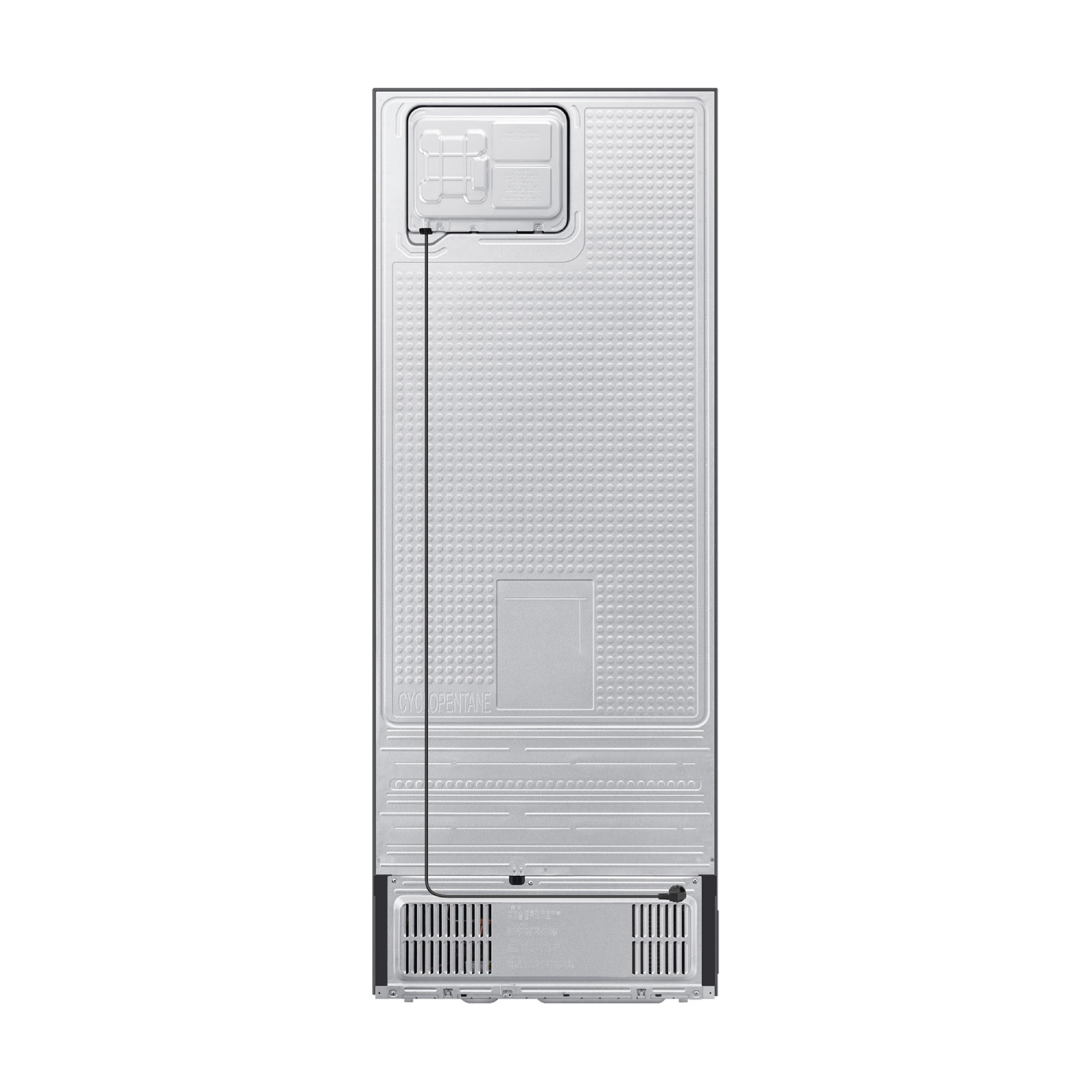 Vista trasera de un refrigerador plateado con panel metálico texturizado, caja de compresor y cable negro.