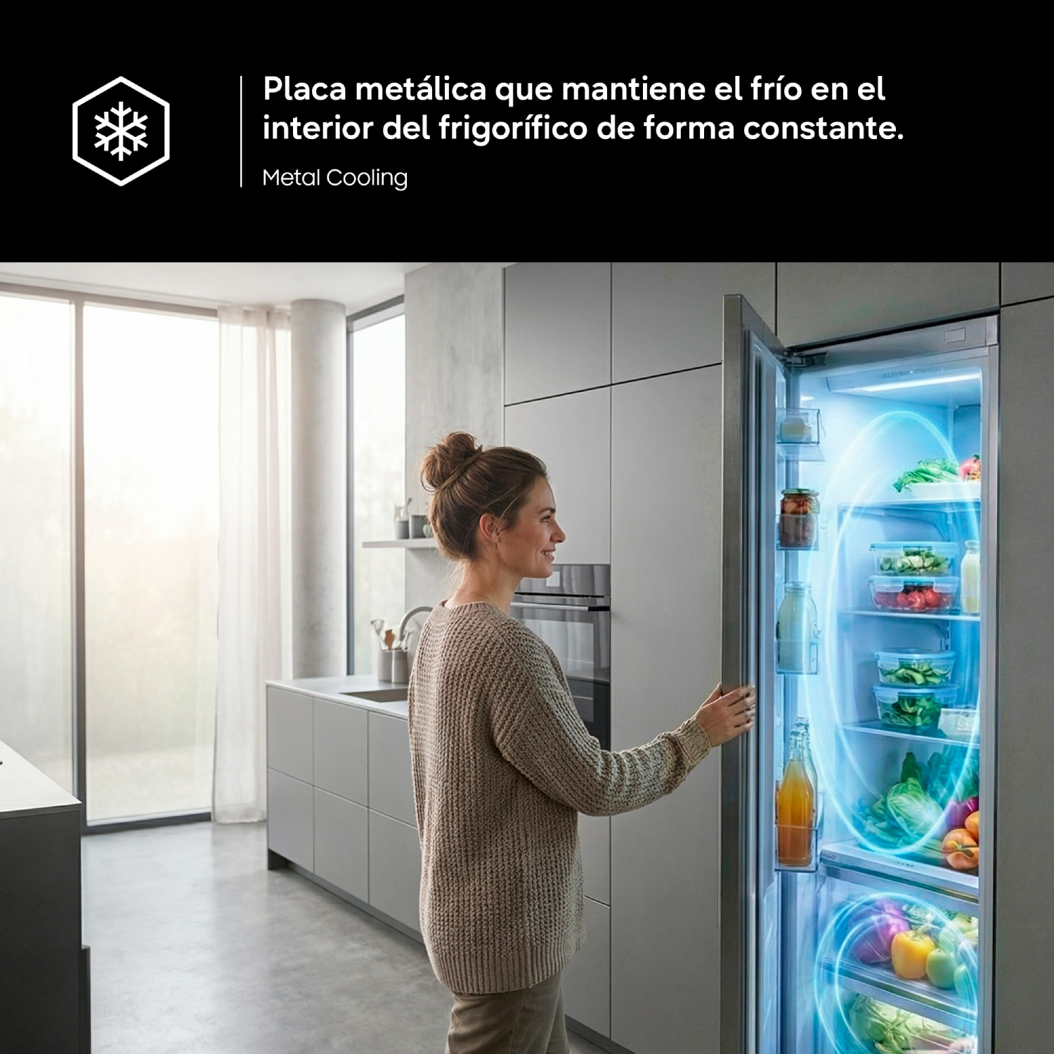 Una mujer abre un frigorífico moderno en una cocina con tecnología Metal Cooling.