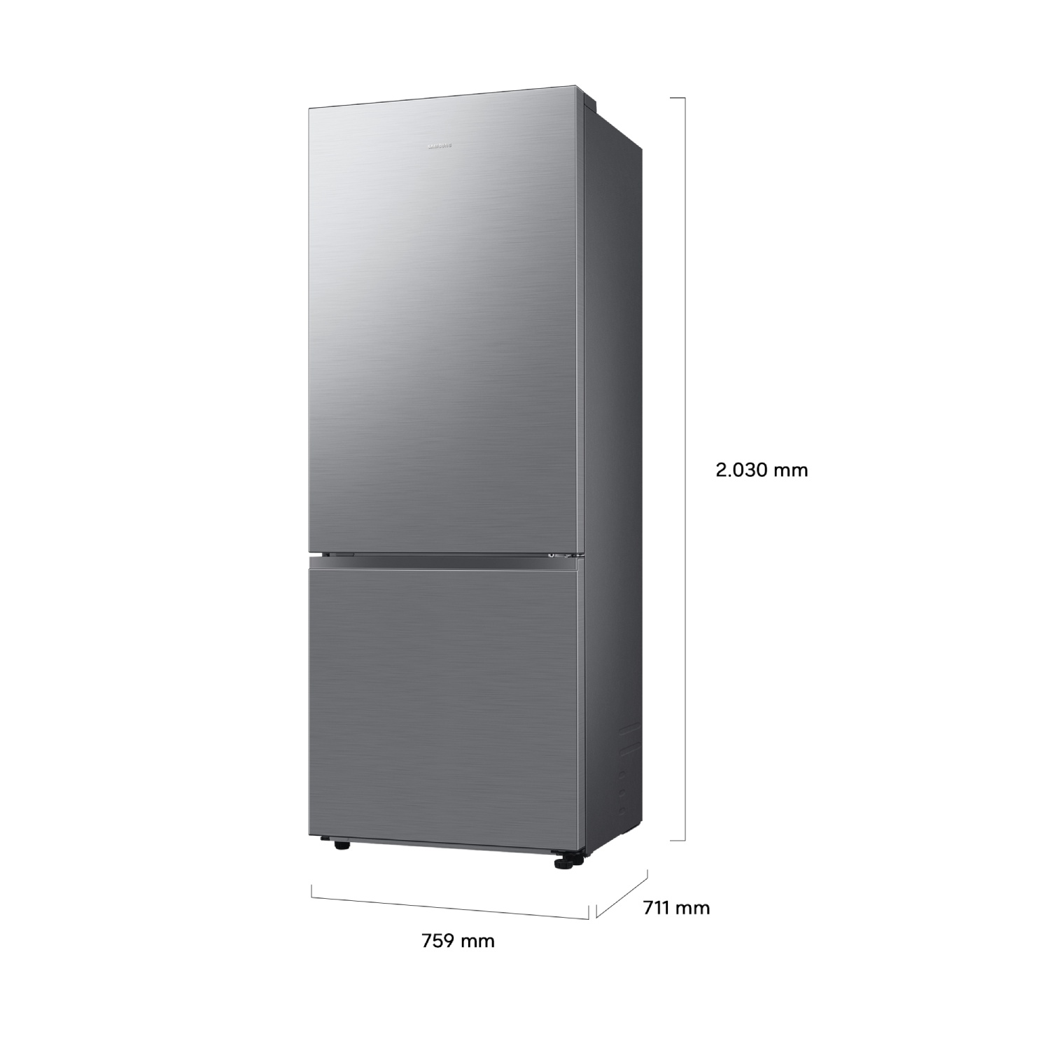 Frigorífico de acero inoxidable con dimensiones de 2.030 x 759 x 711 mm.