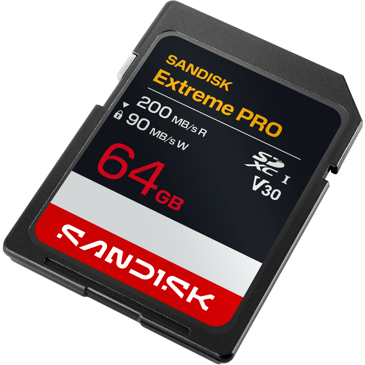 Een zwarte SanDisk Extreme PRO 64GB SDXC geheugenkaart met rode en gele tekst.
