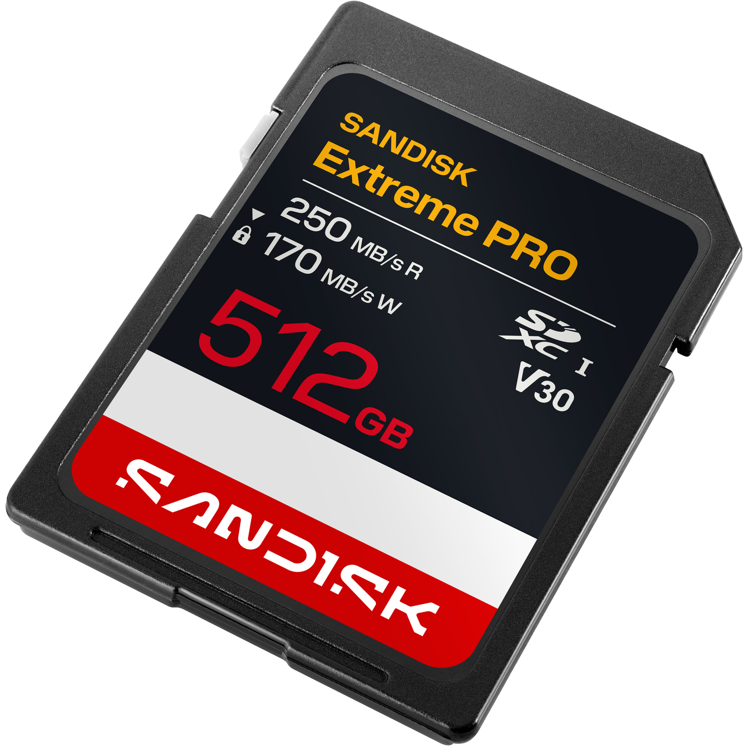 Een zwarte SanDisk Extreme PRO 512GB SD-geheugenkaart met rood en geel logo.