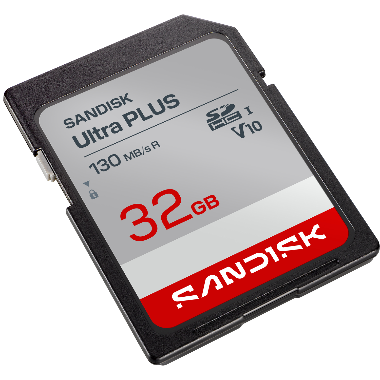 Een 32 GB SanDisk Ultra PLUS SD-geheugenkaart met zwart frame en wit-rood label.