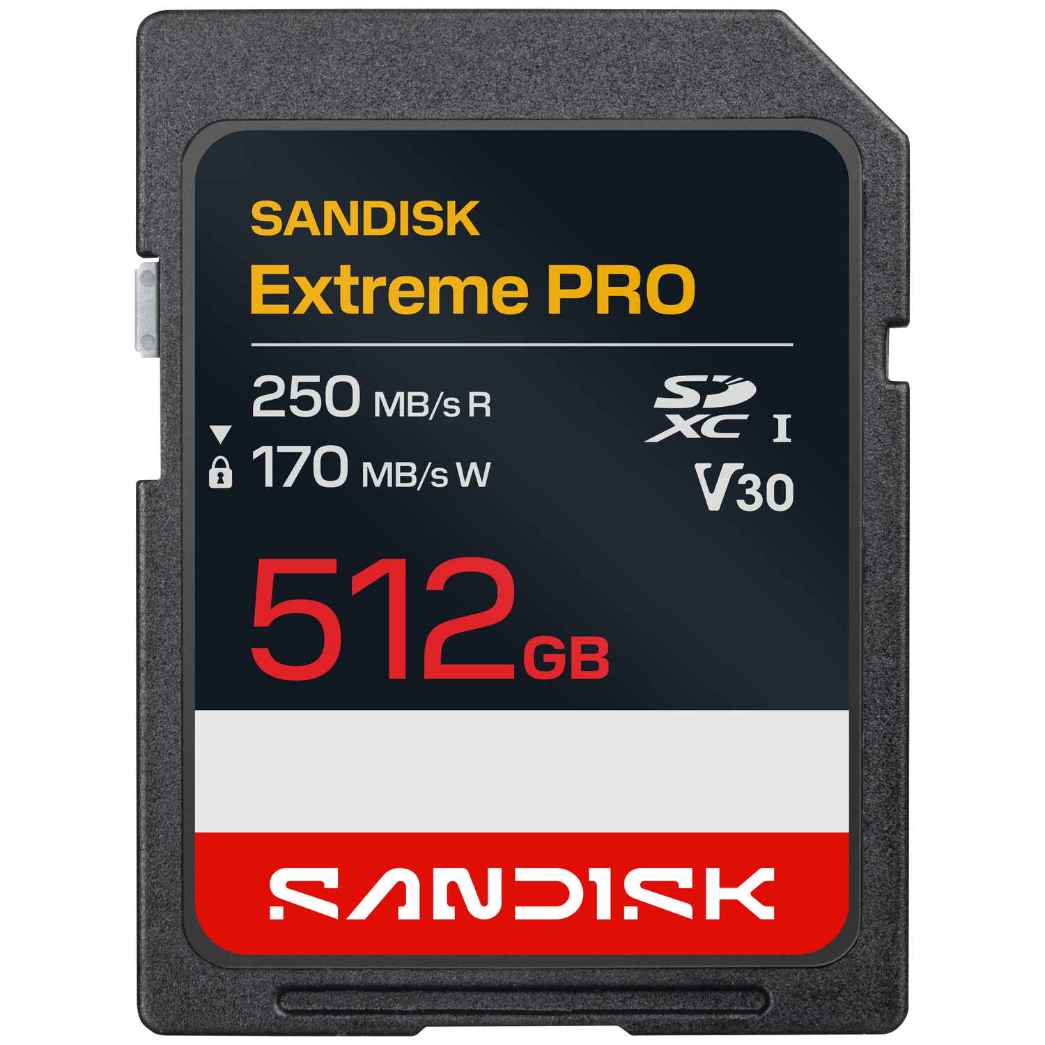 Een zwarte SanDisk Extreme PRO 512GB SD-geheugenkaart met gele en rode tekst.