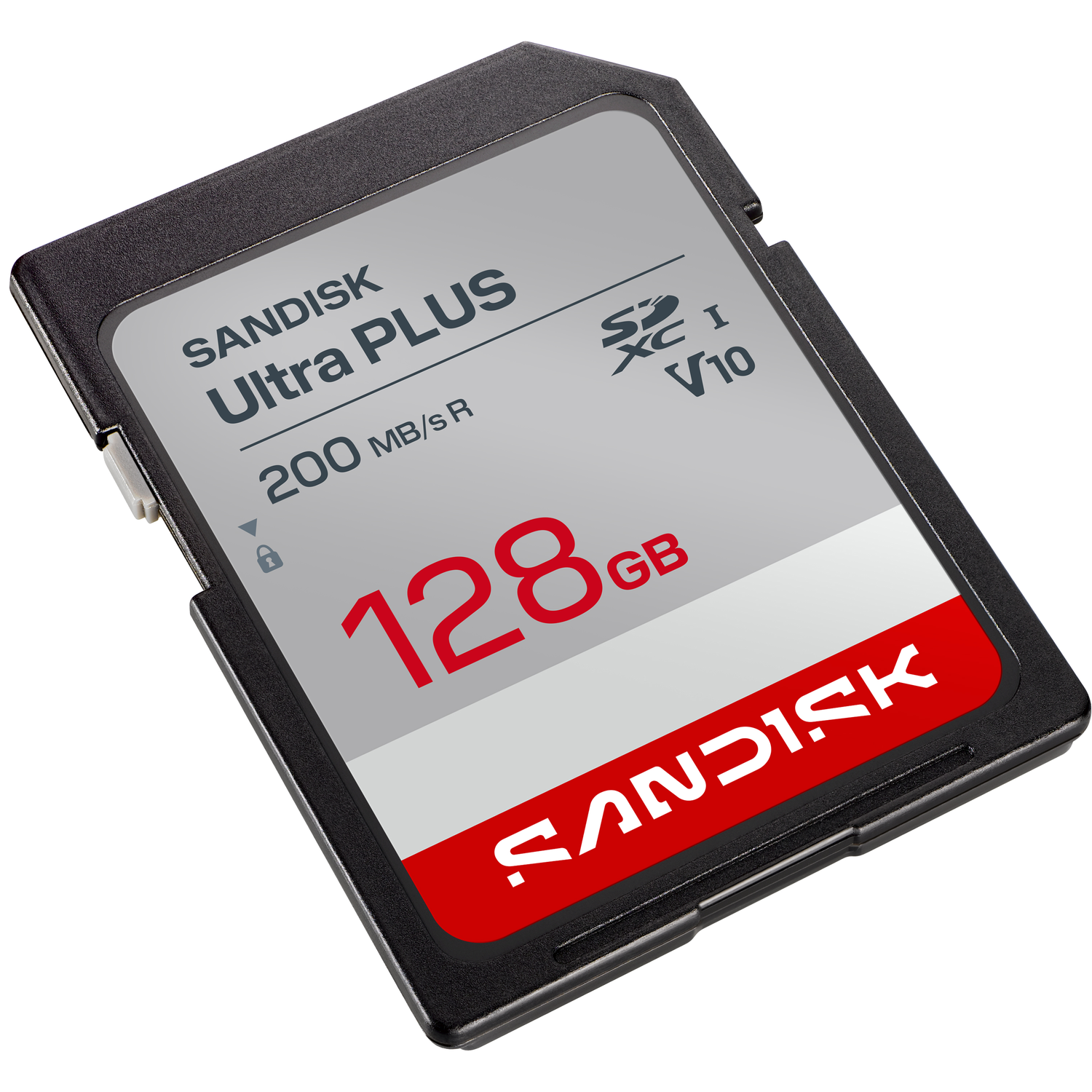 Een zwarte en grijze SanDisk Ultra PLUS 128GB SD-geheugenkaart met een rood logo.