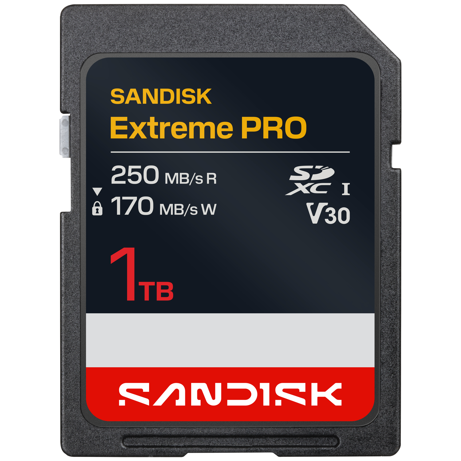 SanDisk Extreme PRO 1TB SDXC I V30 geheugenkaart met 250 MB/s leessnelheid en 170 MB/s schrijfsnelheid.