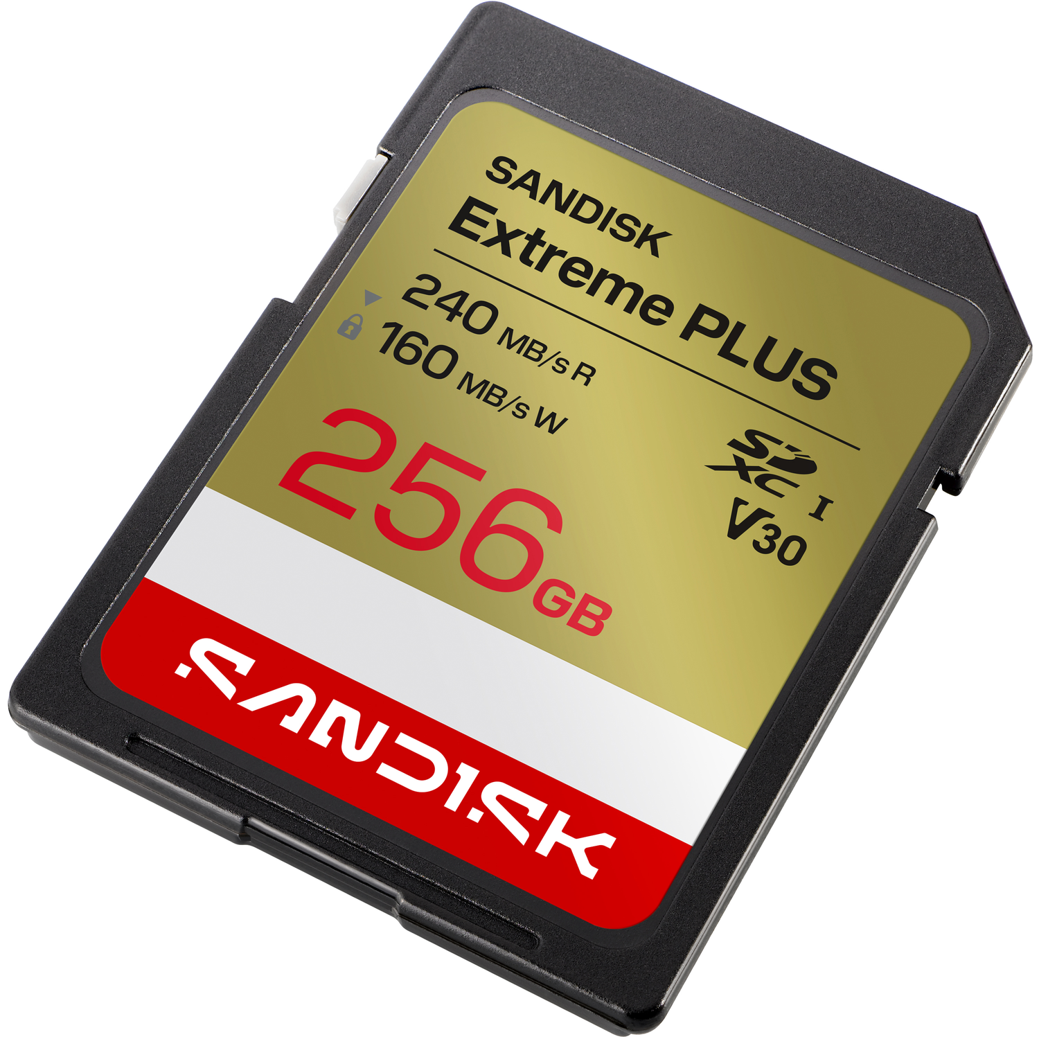 Een 256GB SanDisk Extreme Plus SD-kaart met goud-rood label.